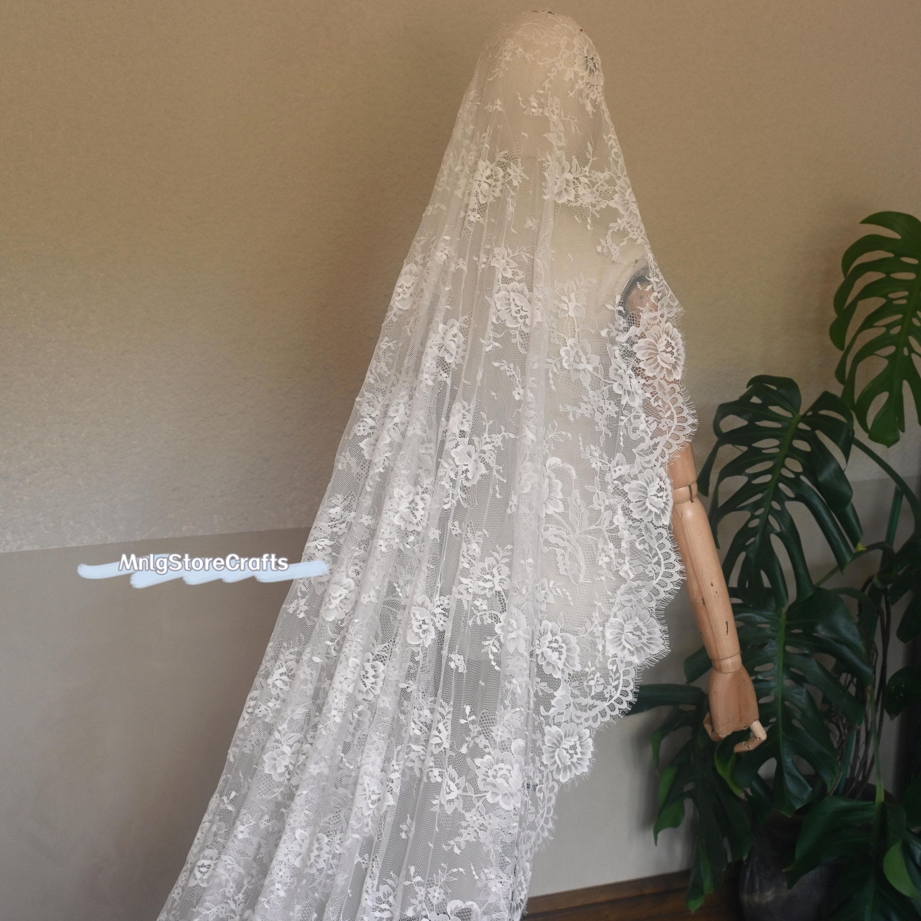 Floral Lace Cathedral Veil: Ivory Bridal Mantilla Hijab
