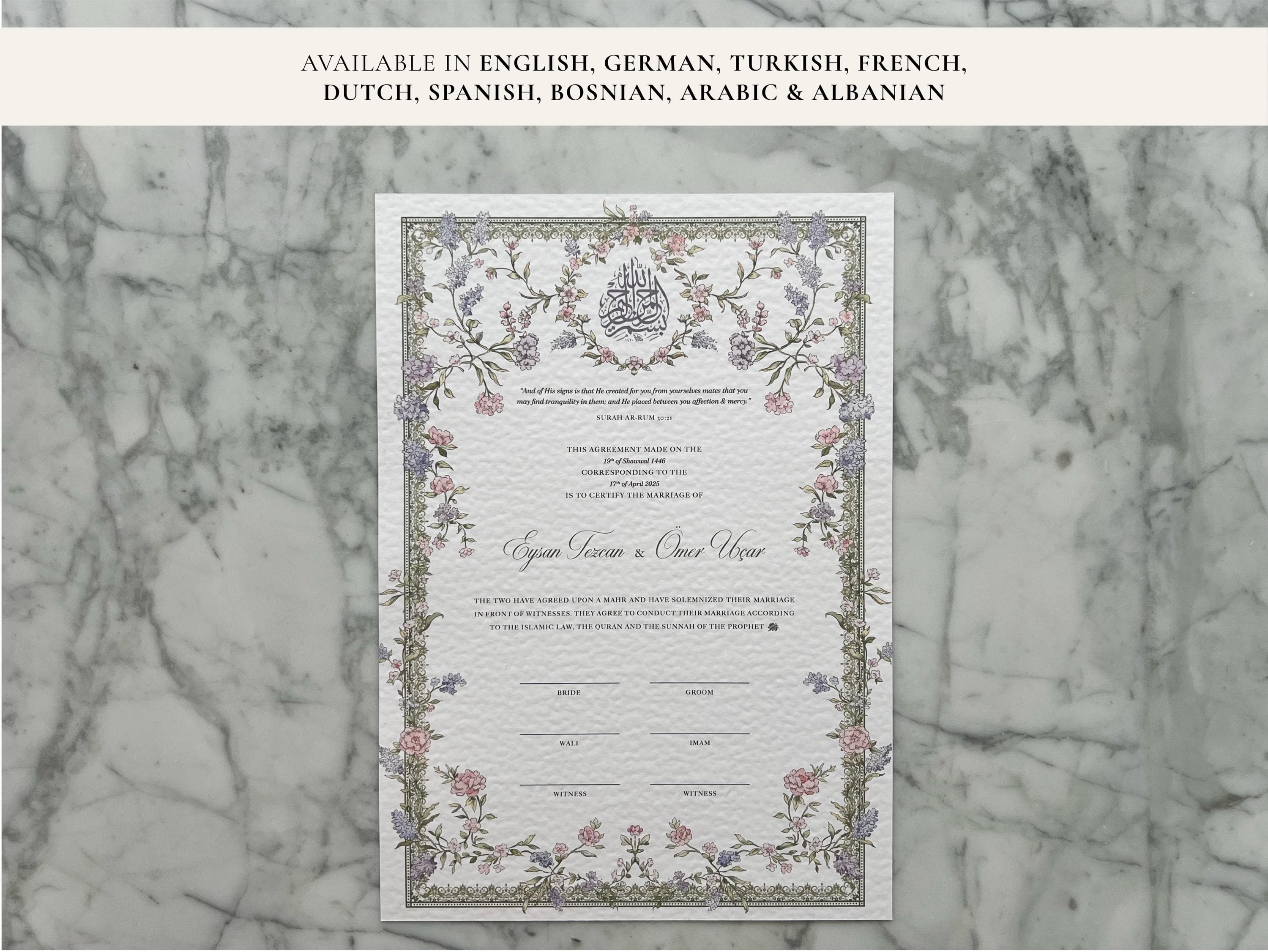 A3 Pastel Floral Nikkah Certificate | Dini Nikah Belgesi Akdi Hatıra | Islamic Marriage Contract Wedding Muslim Keepsake