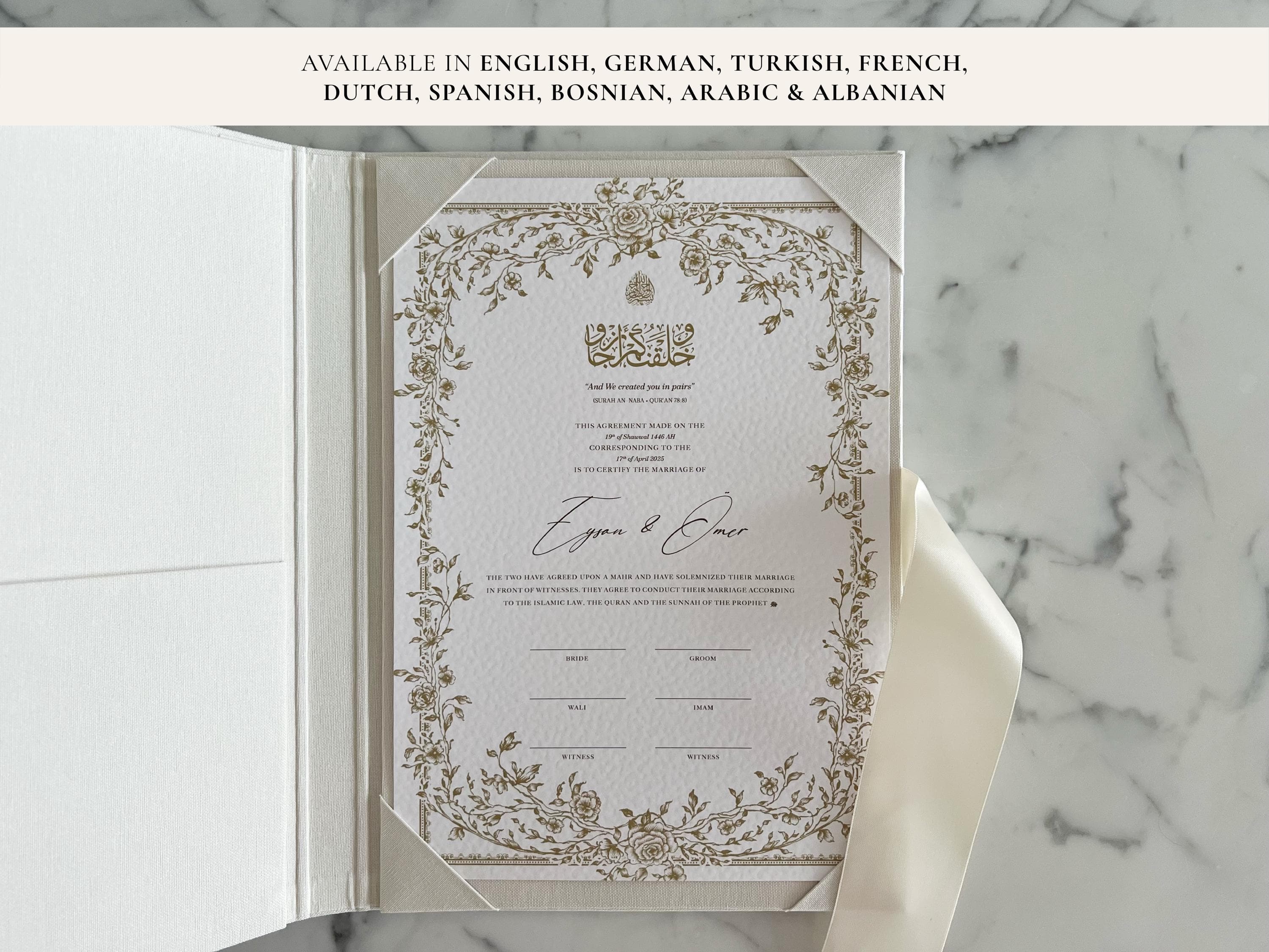 A4 Nikkah Certificate Floral Gold  | Dini Nikah Belgesi Akdi Hatıra | Islamic Marriage Contract Wedding Muslim Keepsake