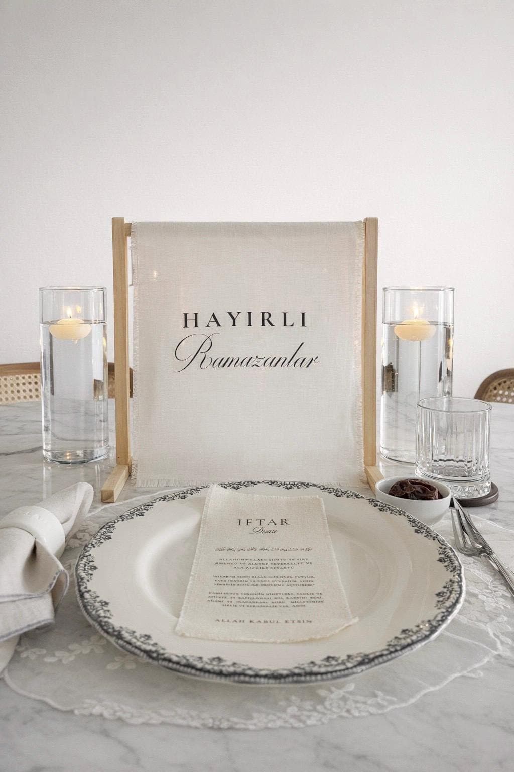 Ramadan Linen Sign with Wooden Holder | Table Setting Ramadan Home Decor