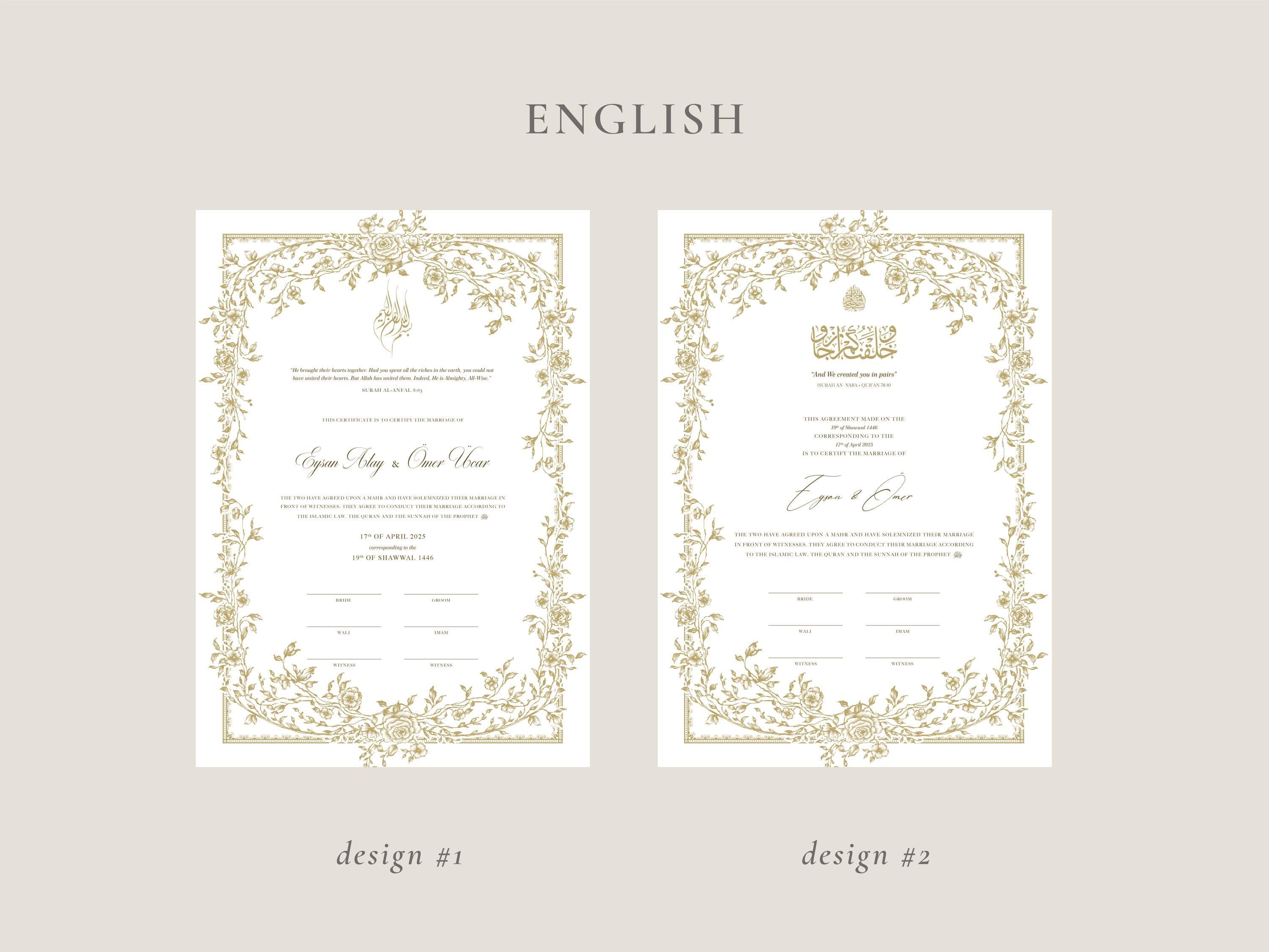 A3 Floral Gold Nikkah Certificate | Dini Nikah Belgesi Akdi Hatıra | Islamic Marriage Contract Wedding Muslim Keepsake - image 4