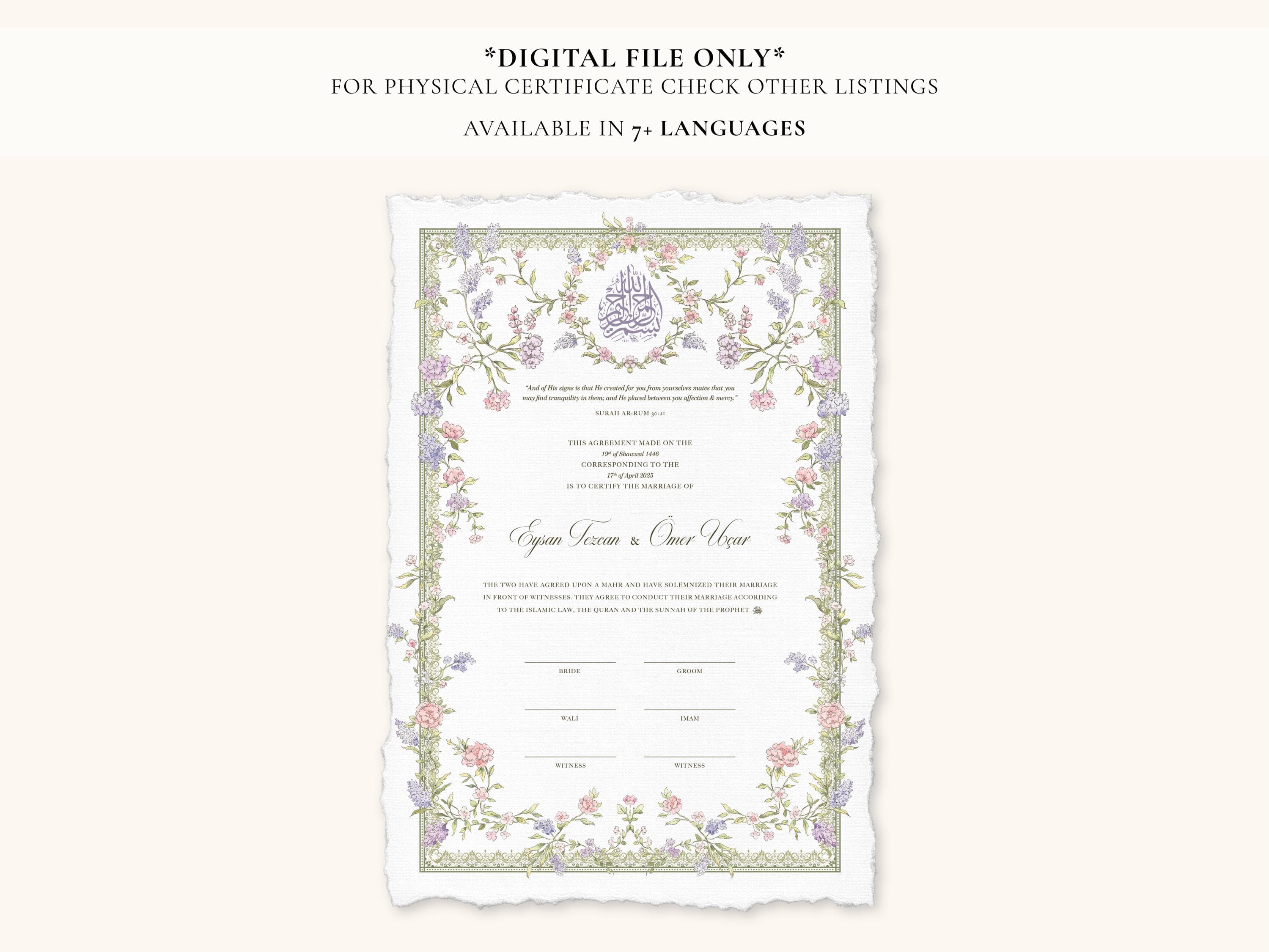 DIGITAL FILE | Pastel Floral Nikkah Certificate | Dini Nikah Belgesi | Islamic Marriage Contract