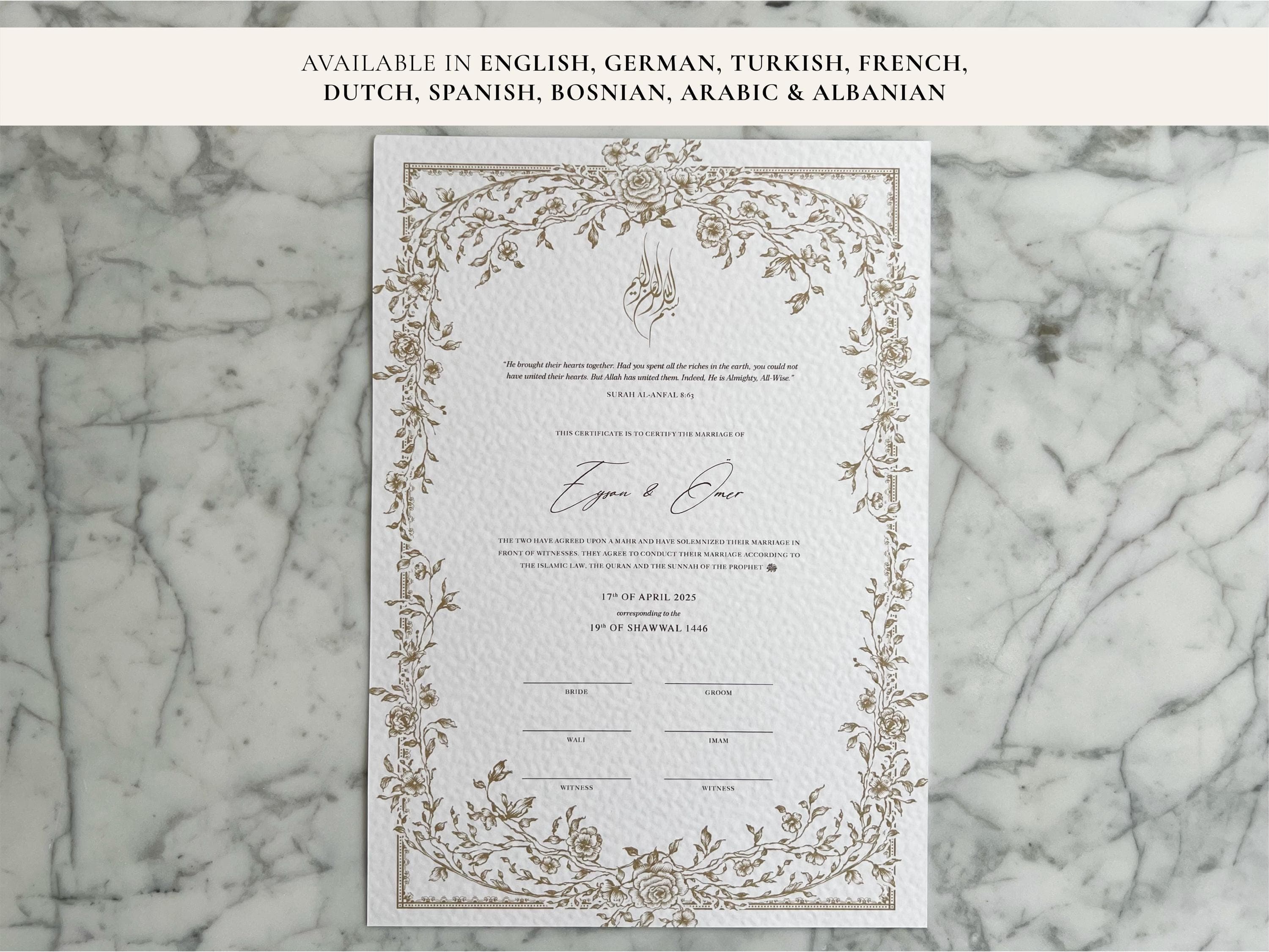 A3 Floral Gold Nikkah Certificate | Dini Nikah Belgesi Akdi Hatıra | Islamic Marriage Contract Wedding Muslim Keepsake