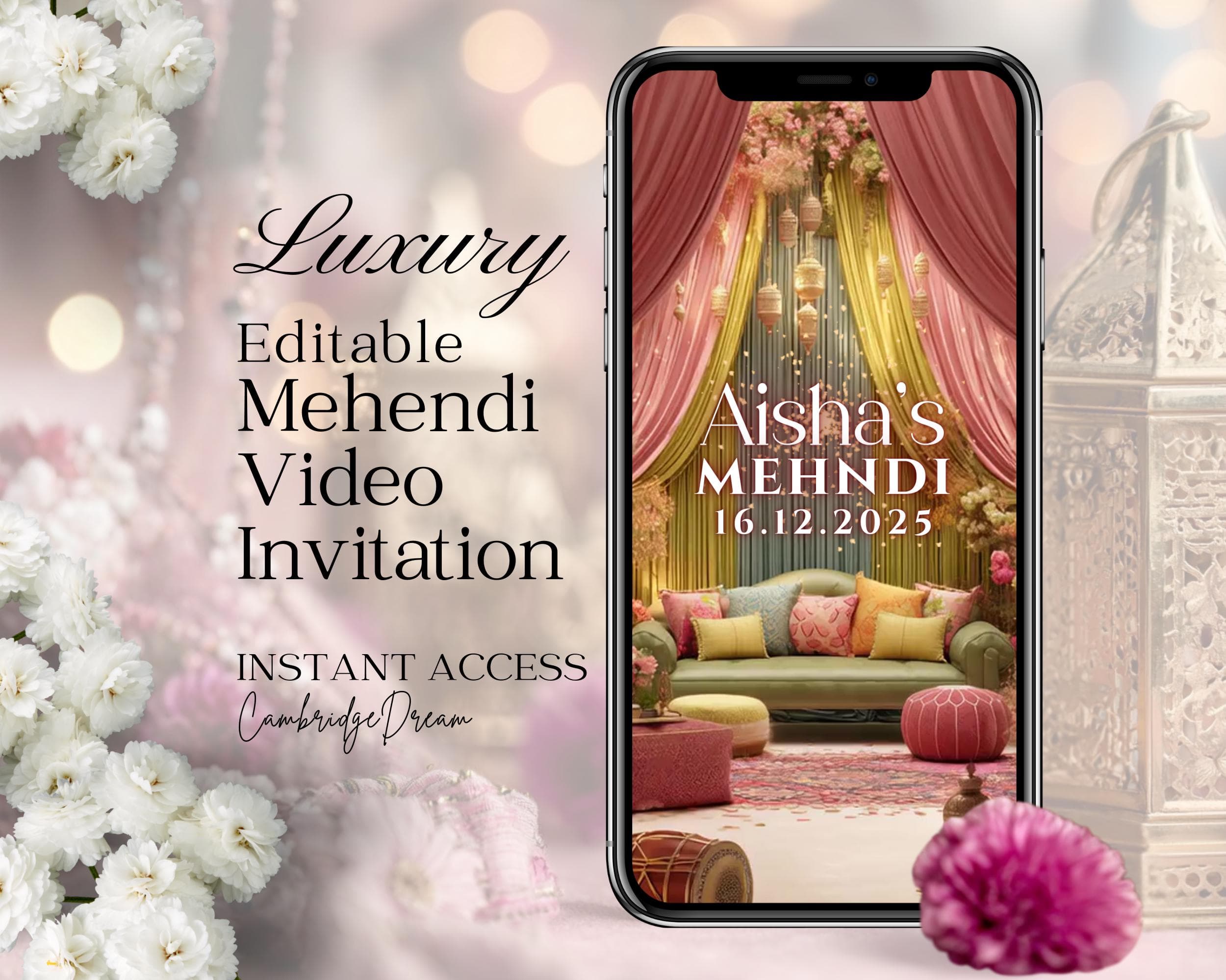 Editable Mehendi Nikkah Invitation Video | Pastel Green & Red Canva Islamic Wedding Template