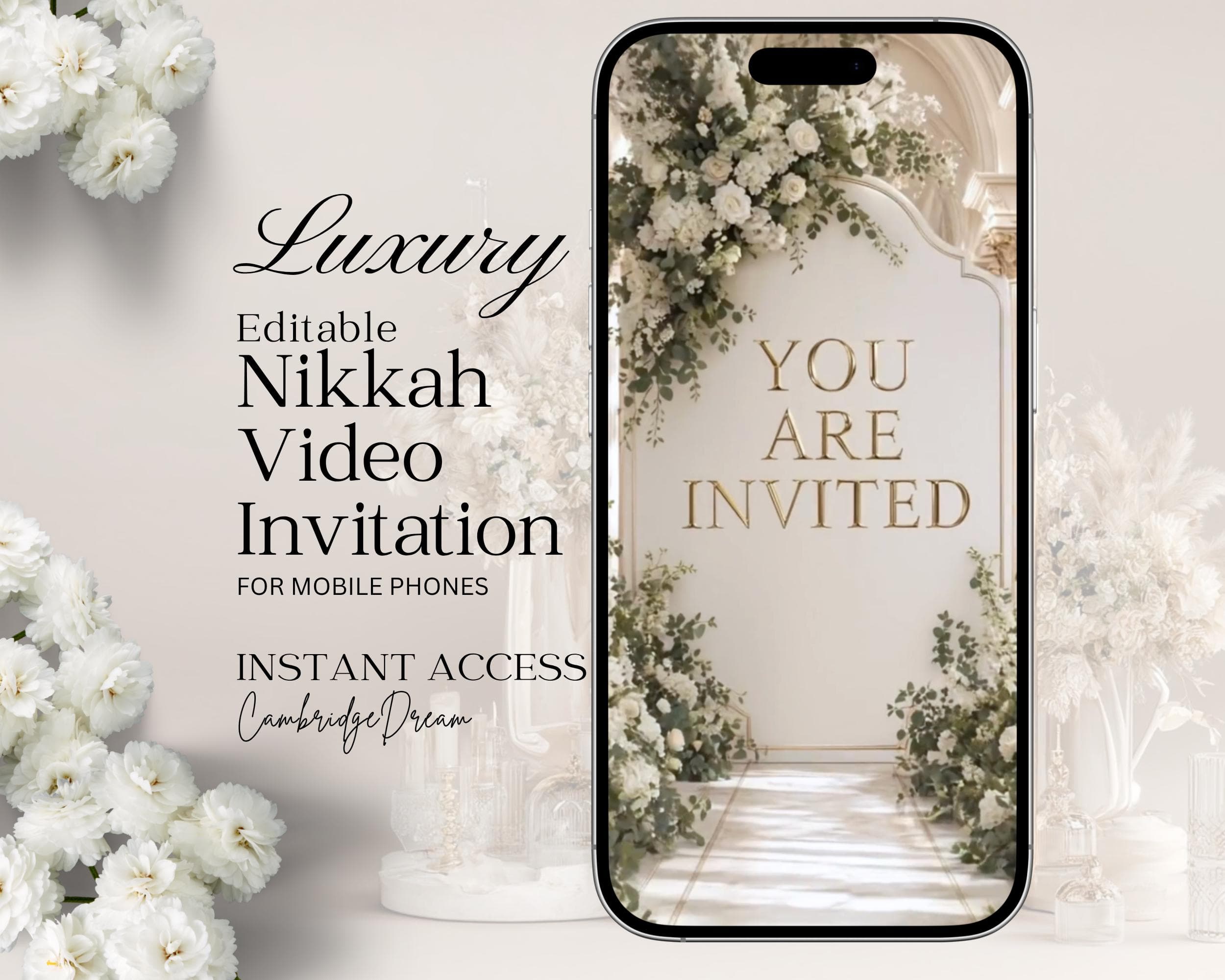 White and Green Florals Nikkah Video Invitation | Islamic Wedding Editable Invite Template (Digital Download)
