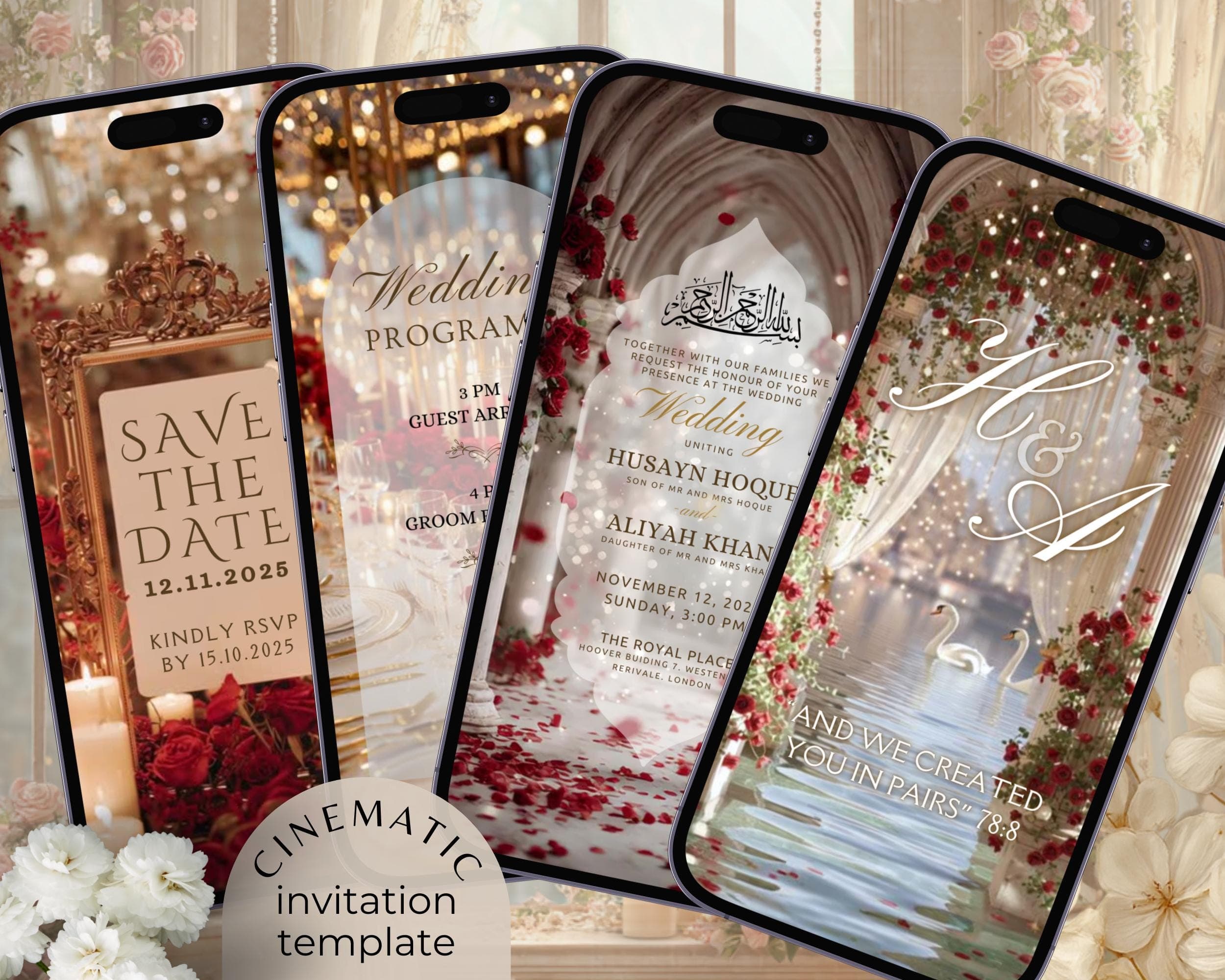 Red, White & Gold Nikah Invitation | Islamic Wedding Animated Mobile Video Template - image 3