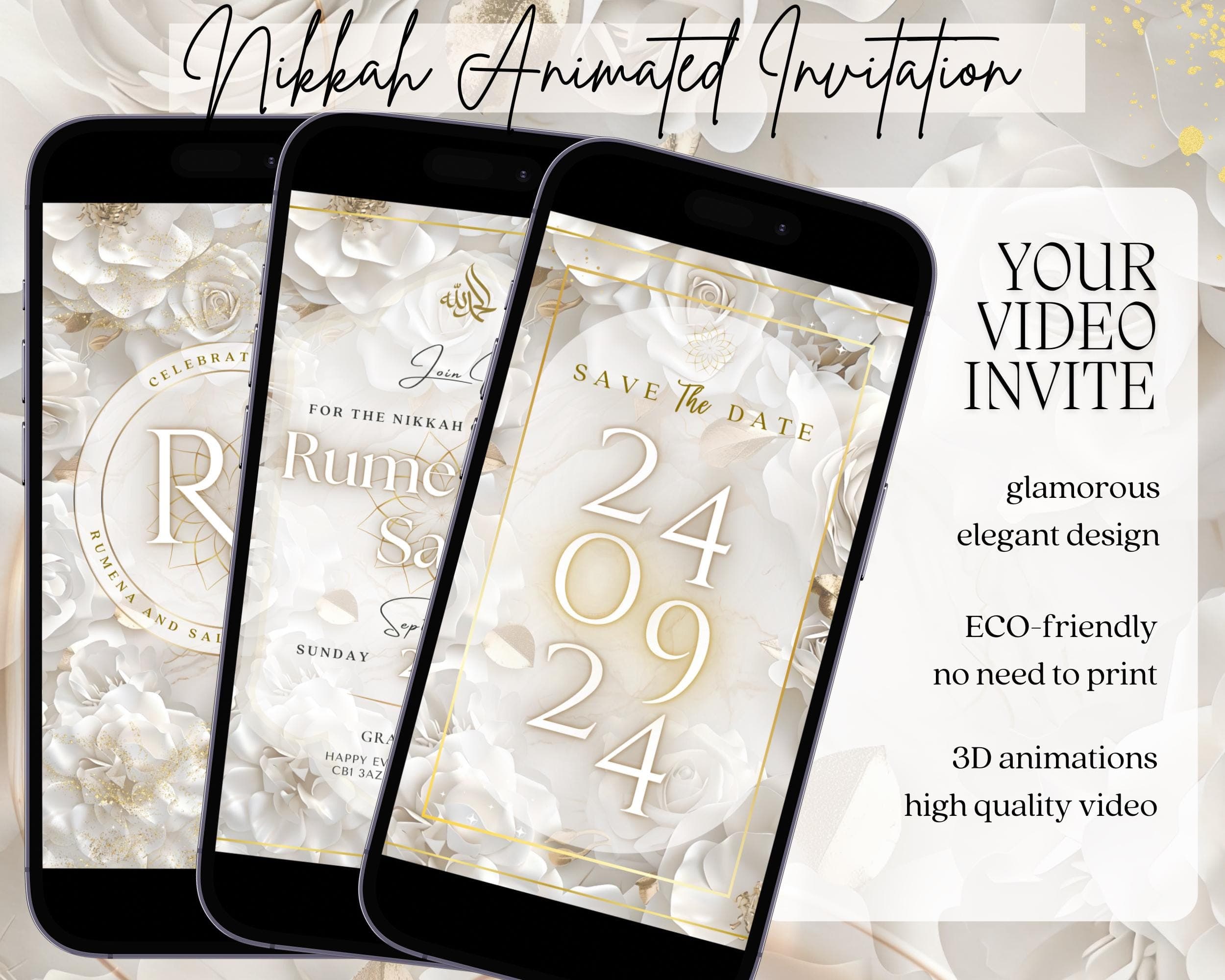 Floral Muslim Wedding Animated Invitation: Beige & Gold E-Invite (Digital)