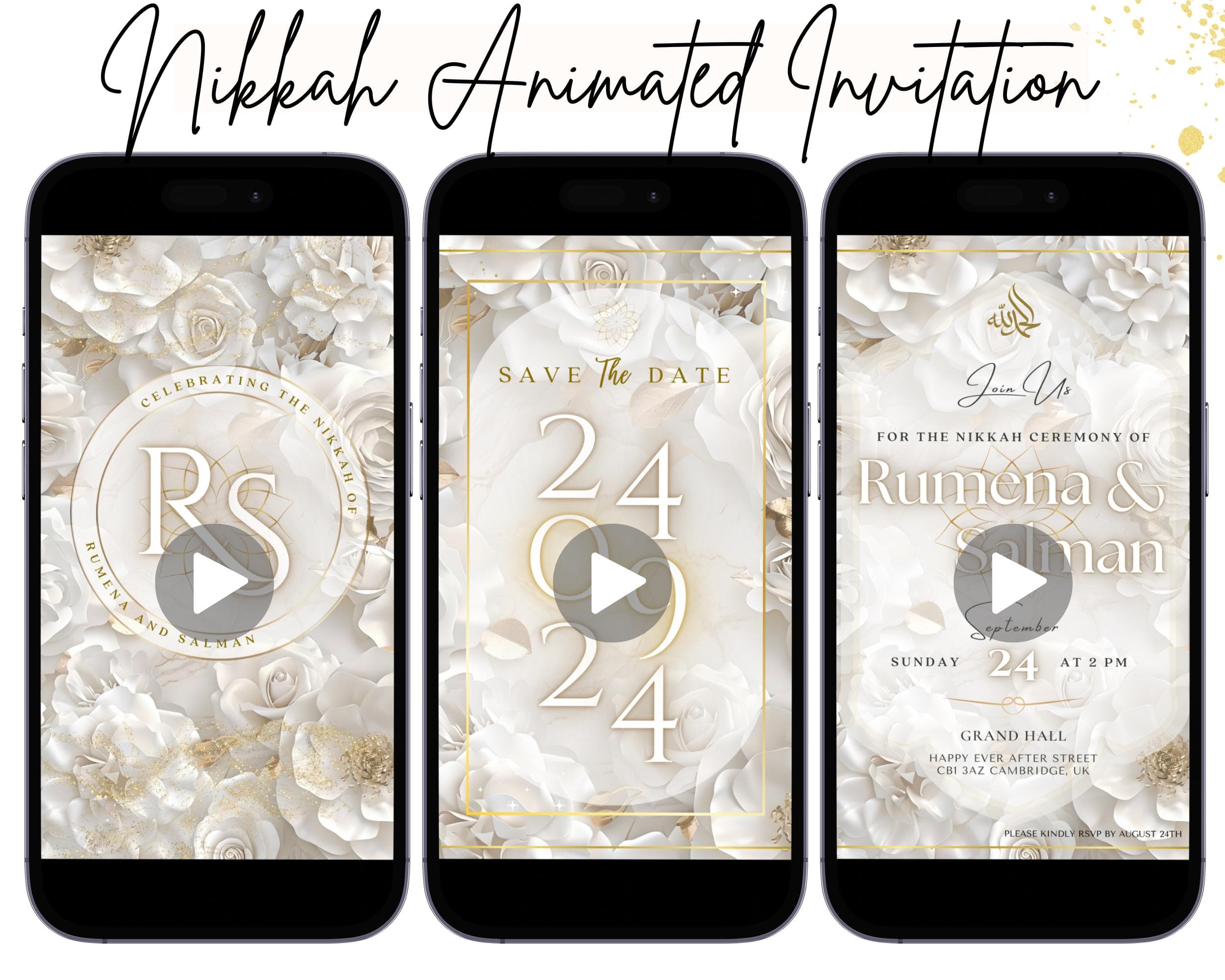 Floral Muslim Wedding Animated Invitation: Beige & Gold E-Invite (Digital) - image 3
