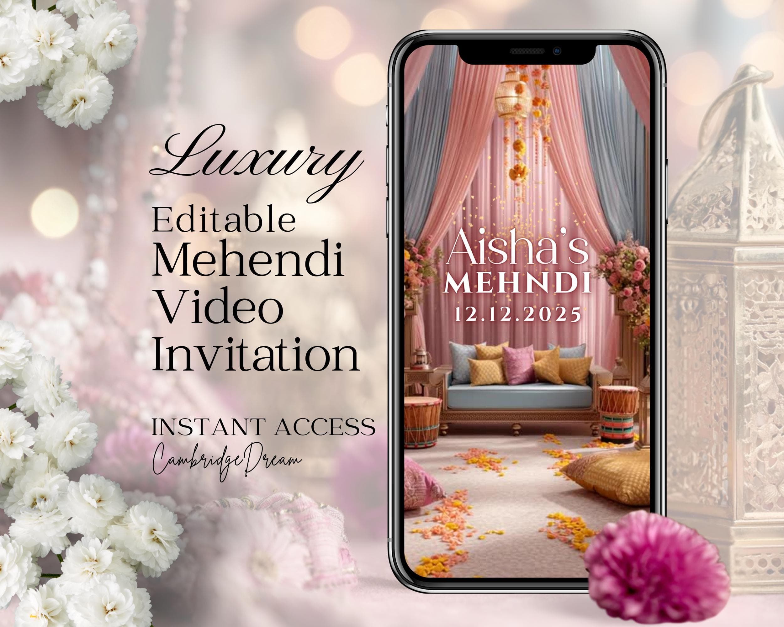 Editable Mehendi Nikkah Invitation Video | Pastel Pink & Blue Canva Islamic Wedding Template