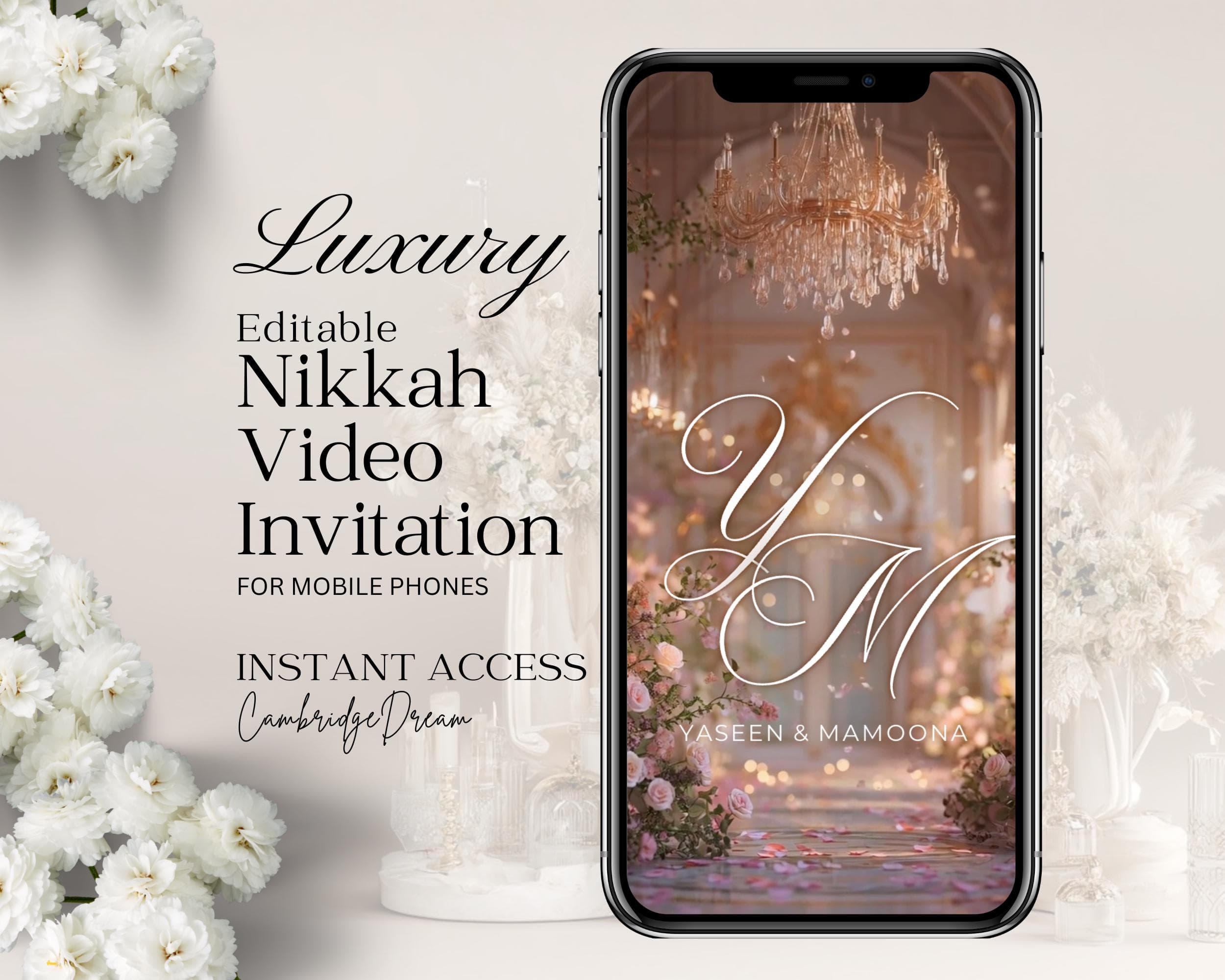 Editable Nikkah Invitation Video | Canva Islamic Wedding Mobile Template – Gold & Pink