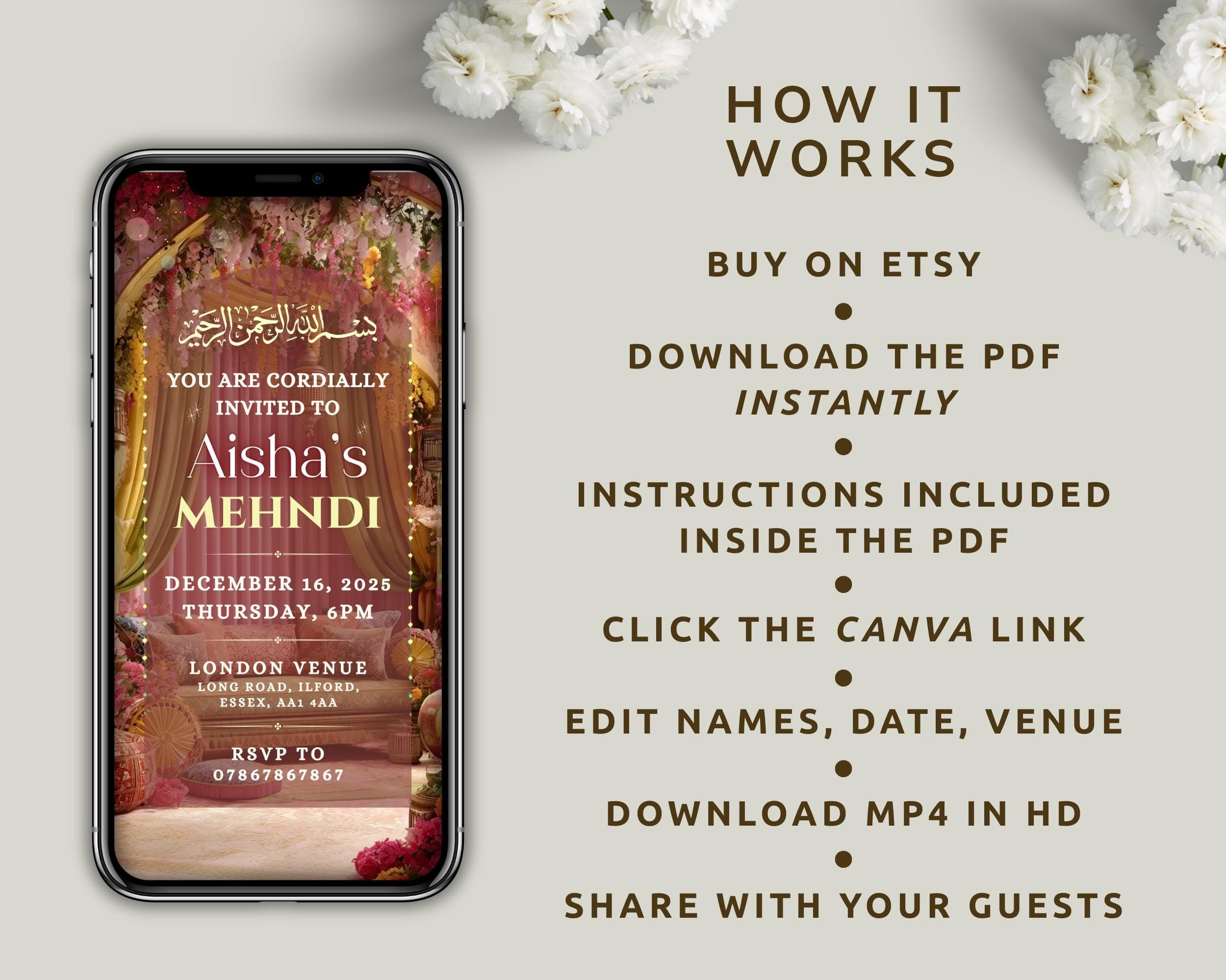 Editable Mehendi Nikkah Invitation Video | Pastel Green & Red Canva Islamic Wedding Template - image 5