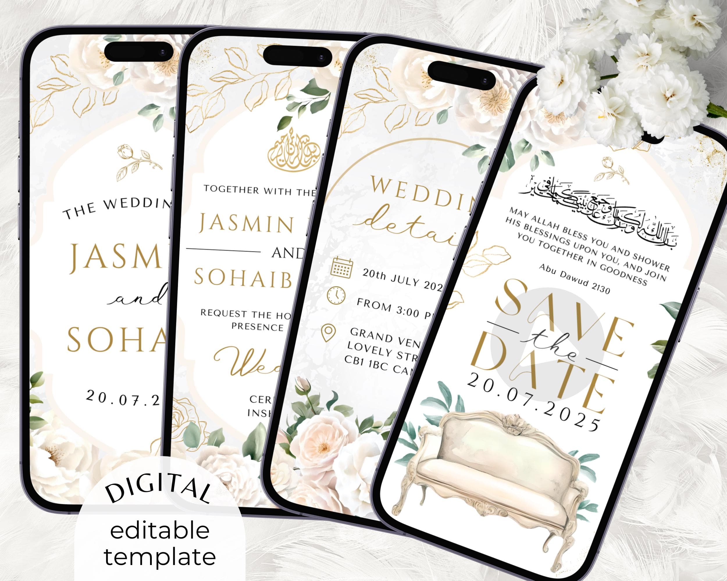 Digital Muslim Wedding Video Invitation: Beige Floral Nikah, Walima (Editable Template) - image 4