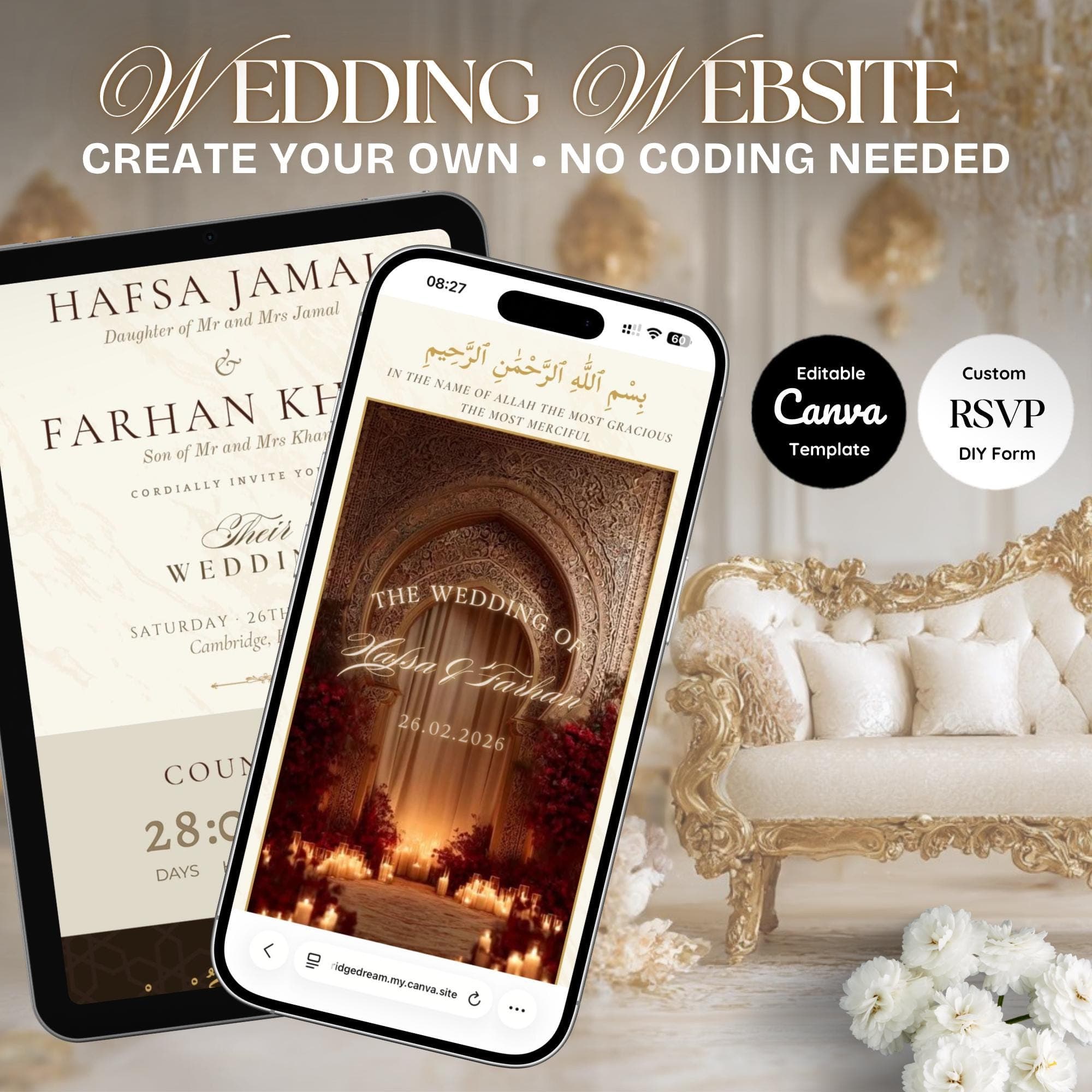 Muslim Wedding Website Template, Editable Canva RSVP, Nikkah Digital Invite | Red and Gold