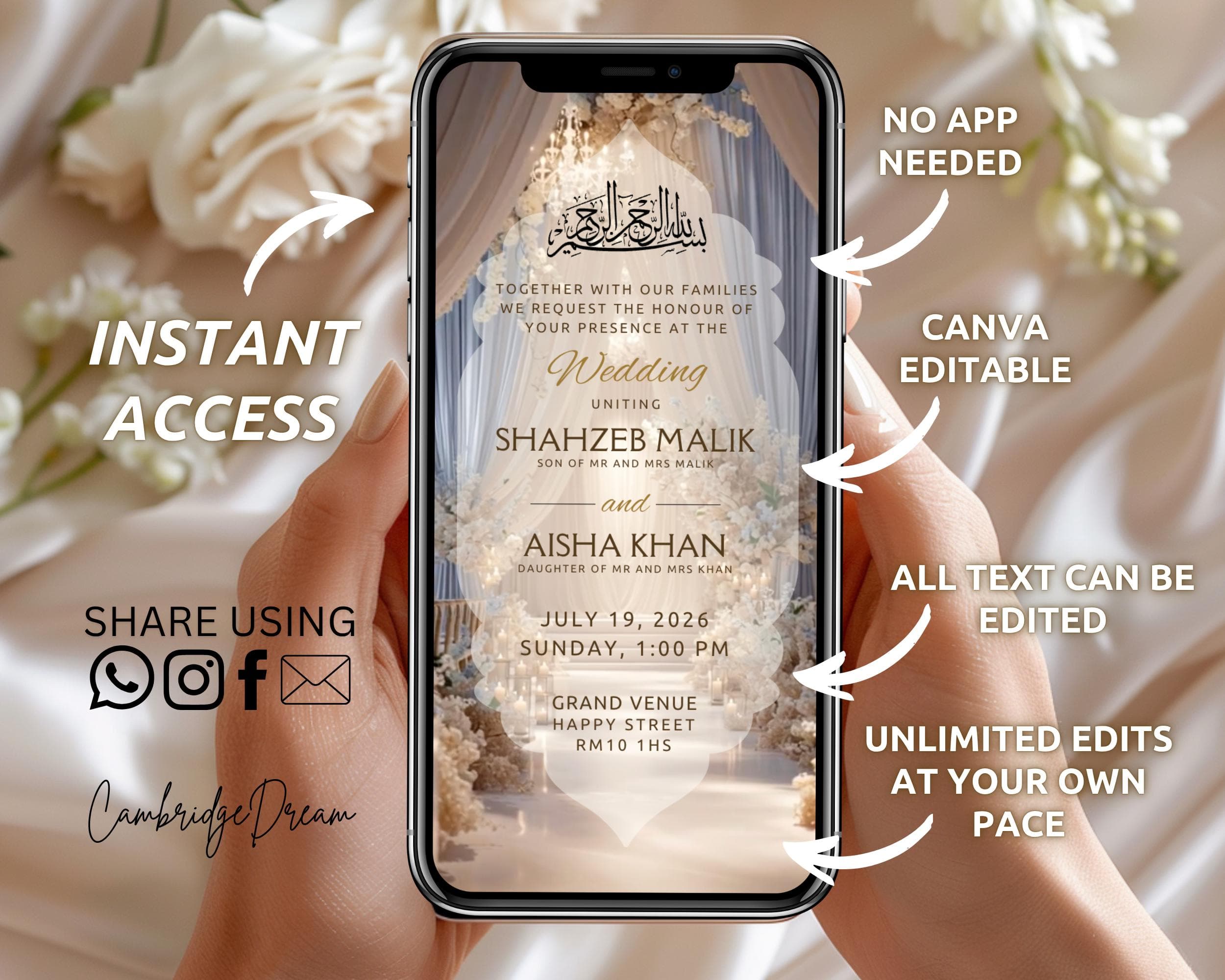 Editable Nikkah Invitation Video | Canva Islamic Wedding Mobile Template – Blue & White - image 4