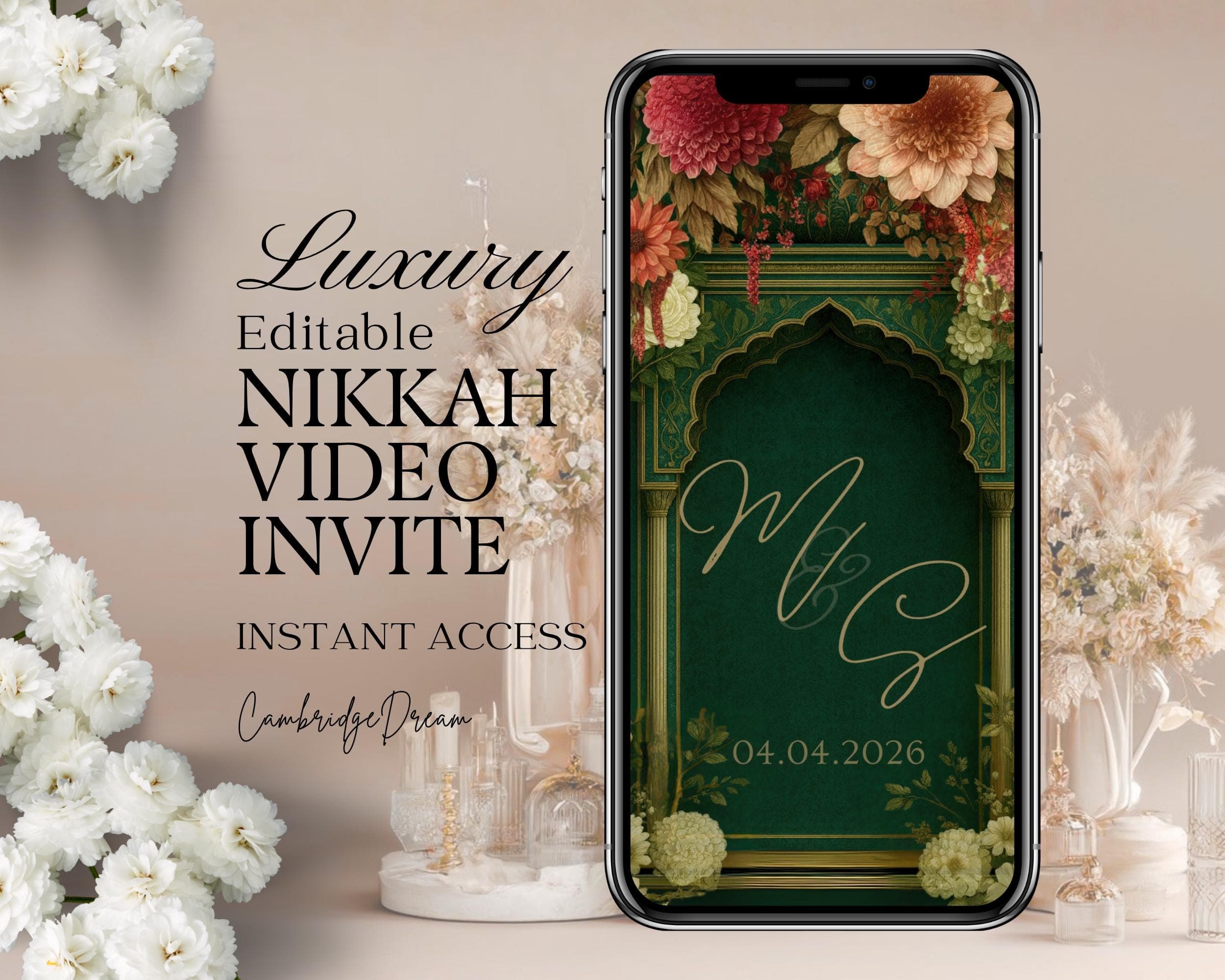 Luxury Green Editable Nikkah Invitation Video | Canva Islamic Wedding Mobile Template