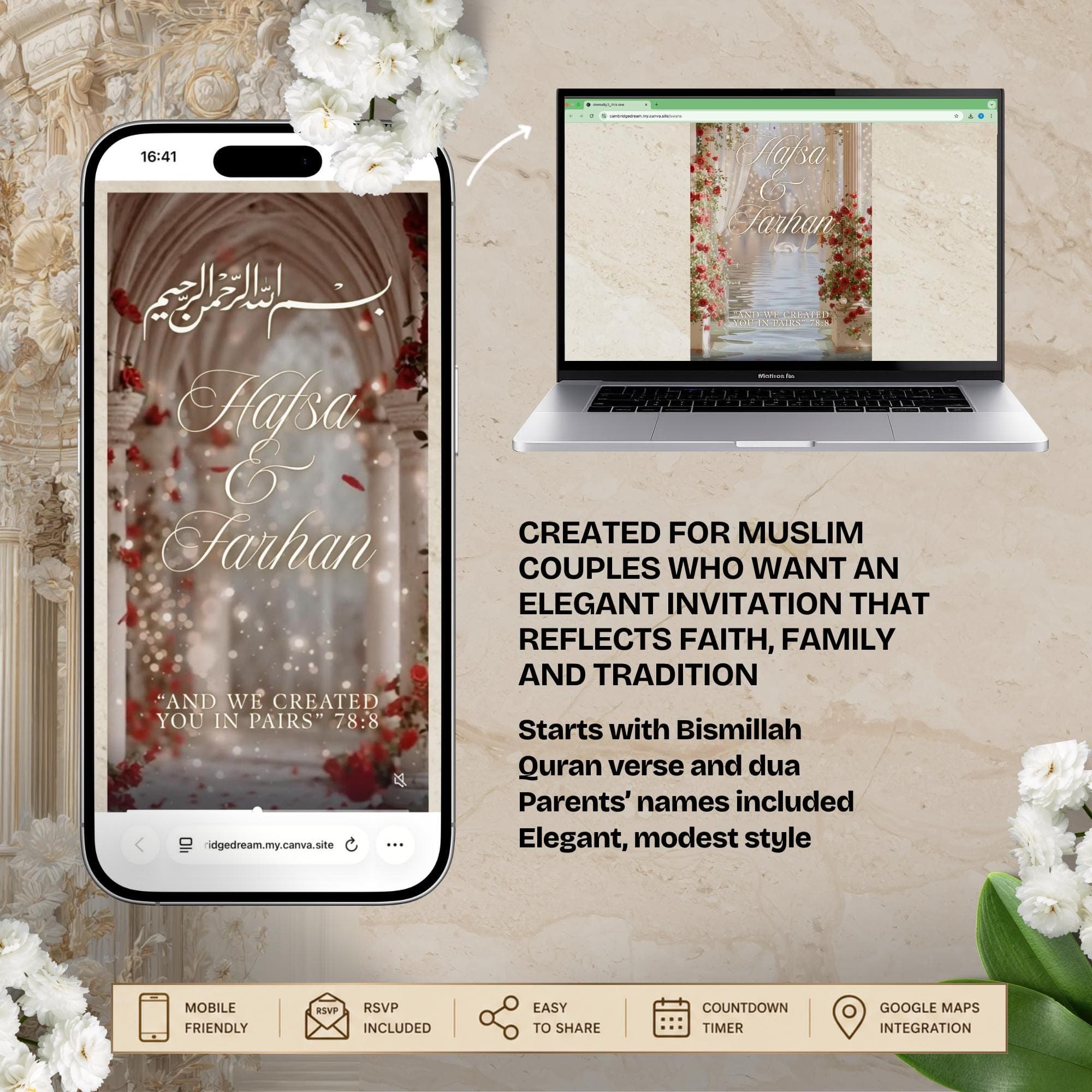 Muslim Wedding Website Template, Editable Canva RSVP, Nikkah Digital Invite | Swans - image 5