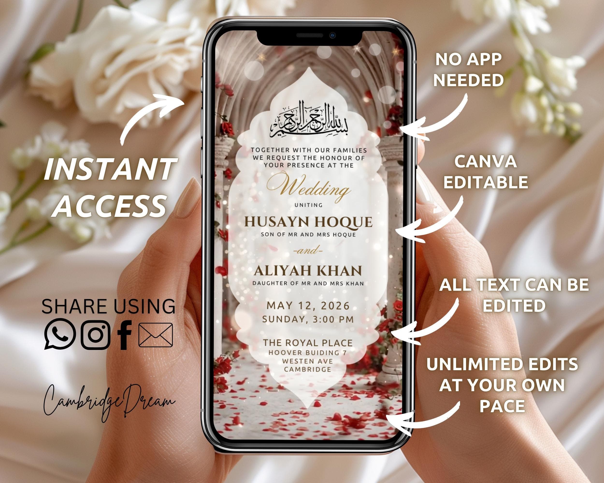 Editable Nikkah Invitation Video | Canva Islamic Wedding Mobile Template – Red, Cream & Gold - image 4