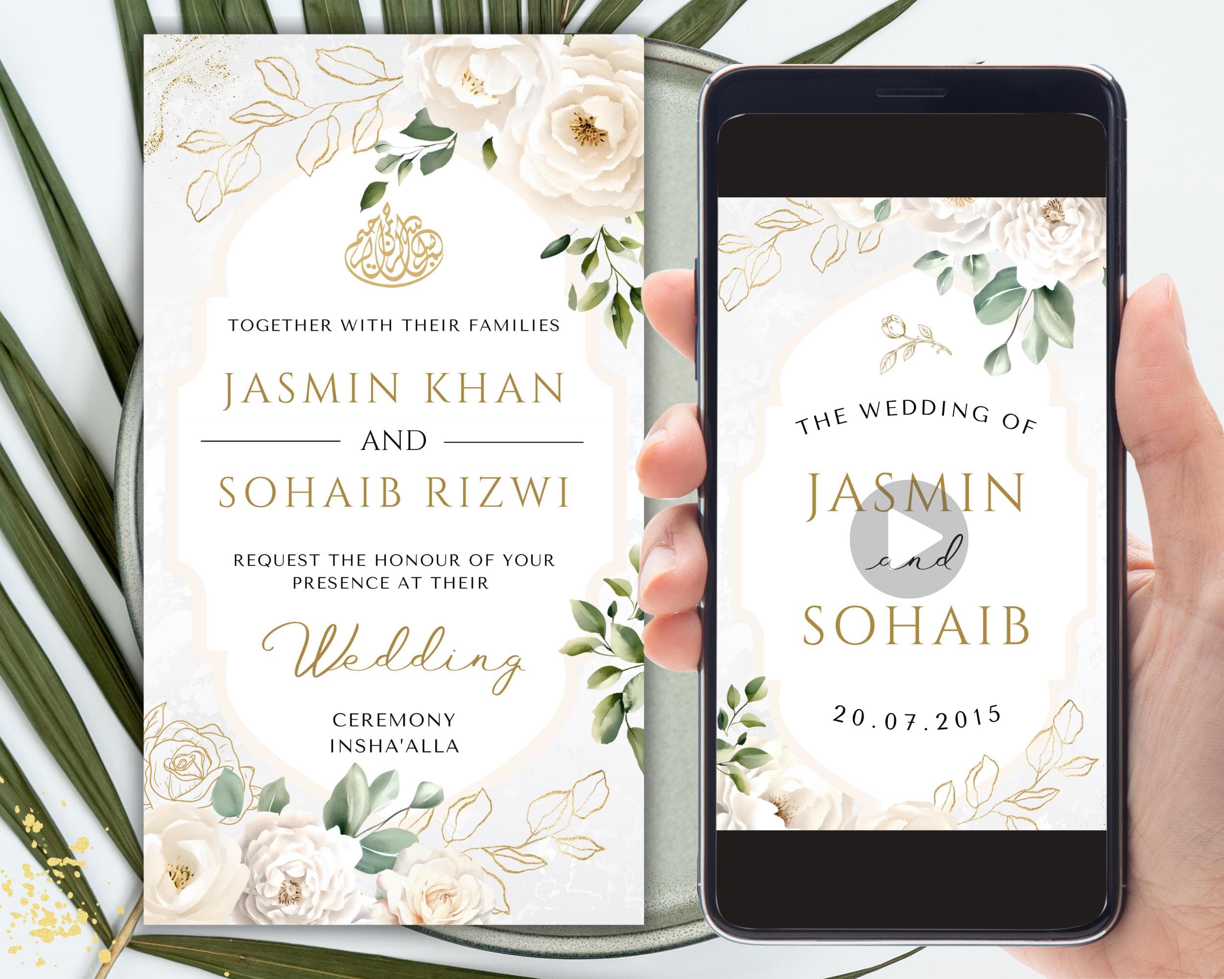 Digital Muslim Wedding Video Invitation: Beige Floral Nikah, Walima (Editable Template)
