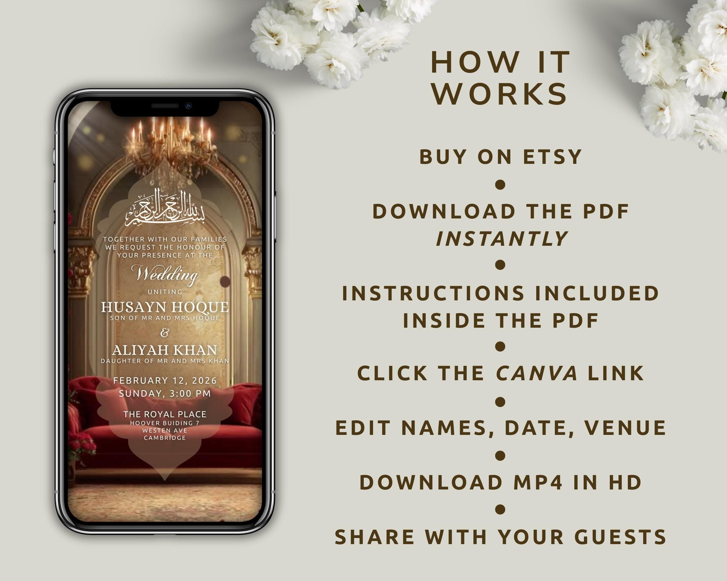Editable Baraat Invitation Video | Canva Islamic Wedding Mobile Template – Velvet Red & Gold - image 5