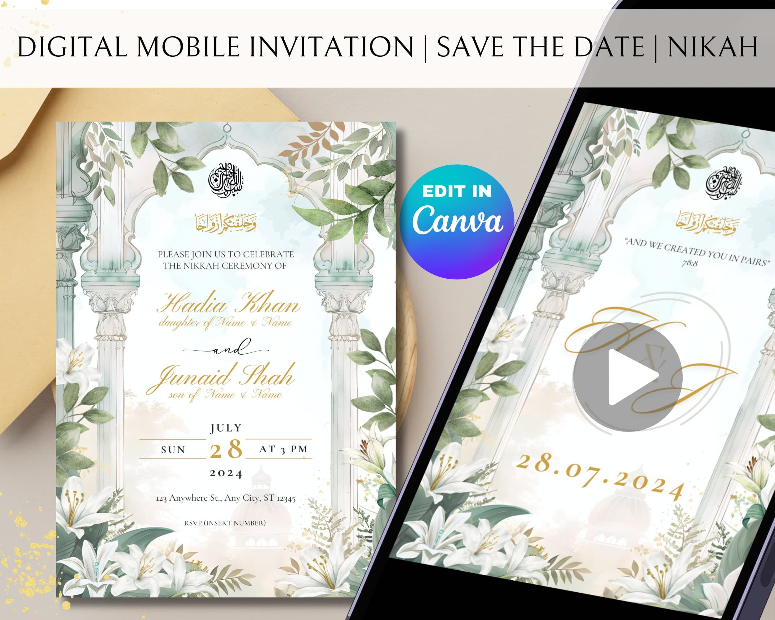 Sage Green Nikkah Invitation: Editable Muslim Wedding Template (Digital)