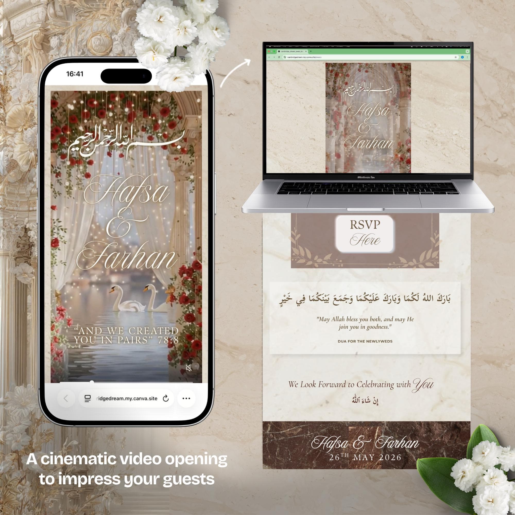 Muslim Wedding Website Template, Editable Canva RSVP, Nikkah Digital Invite | Swans - image 3