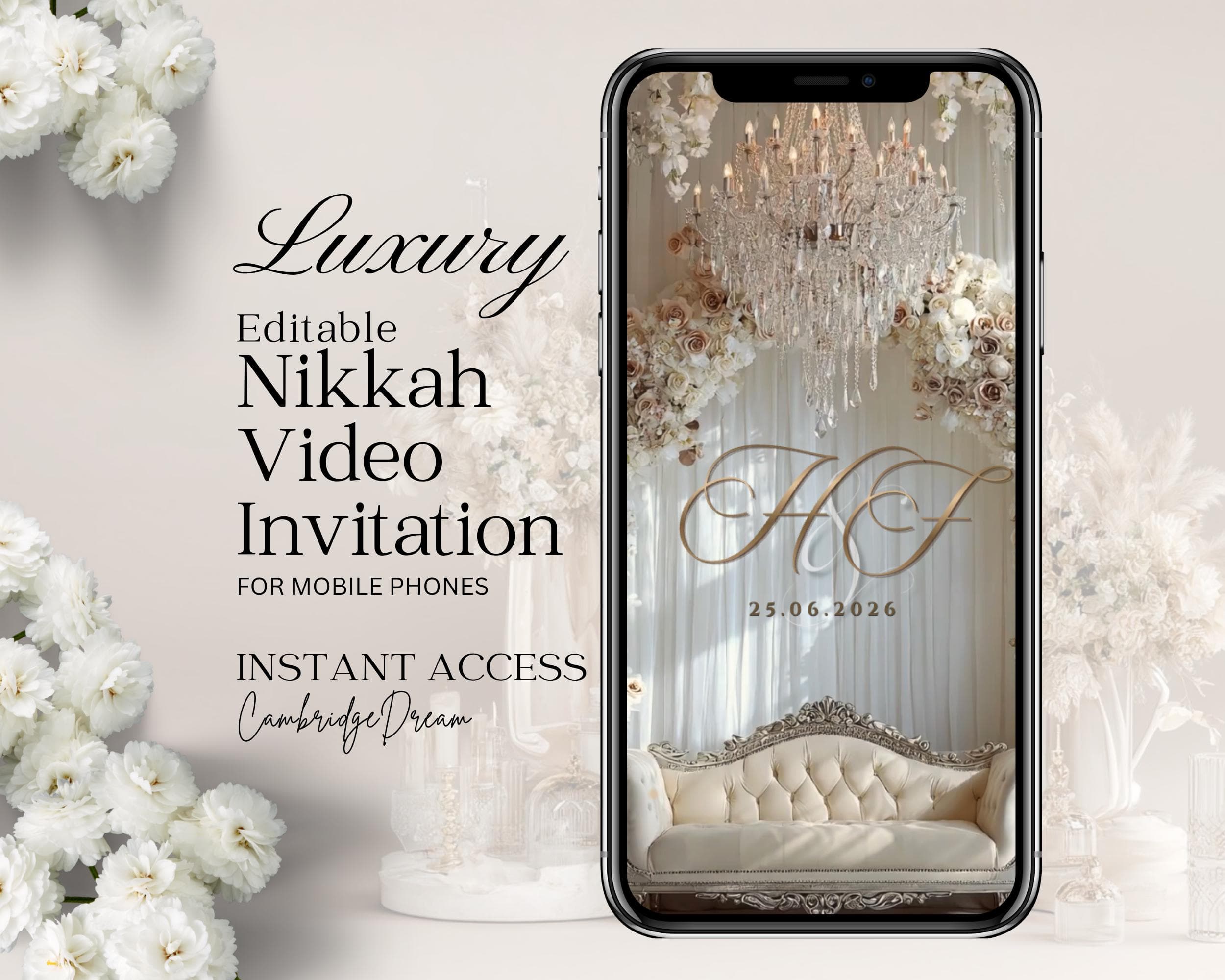 Luxury Editable Nikkah Video Invitation | White Royal Palace Islamic Wedding (Digital Download)