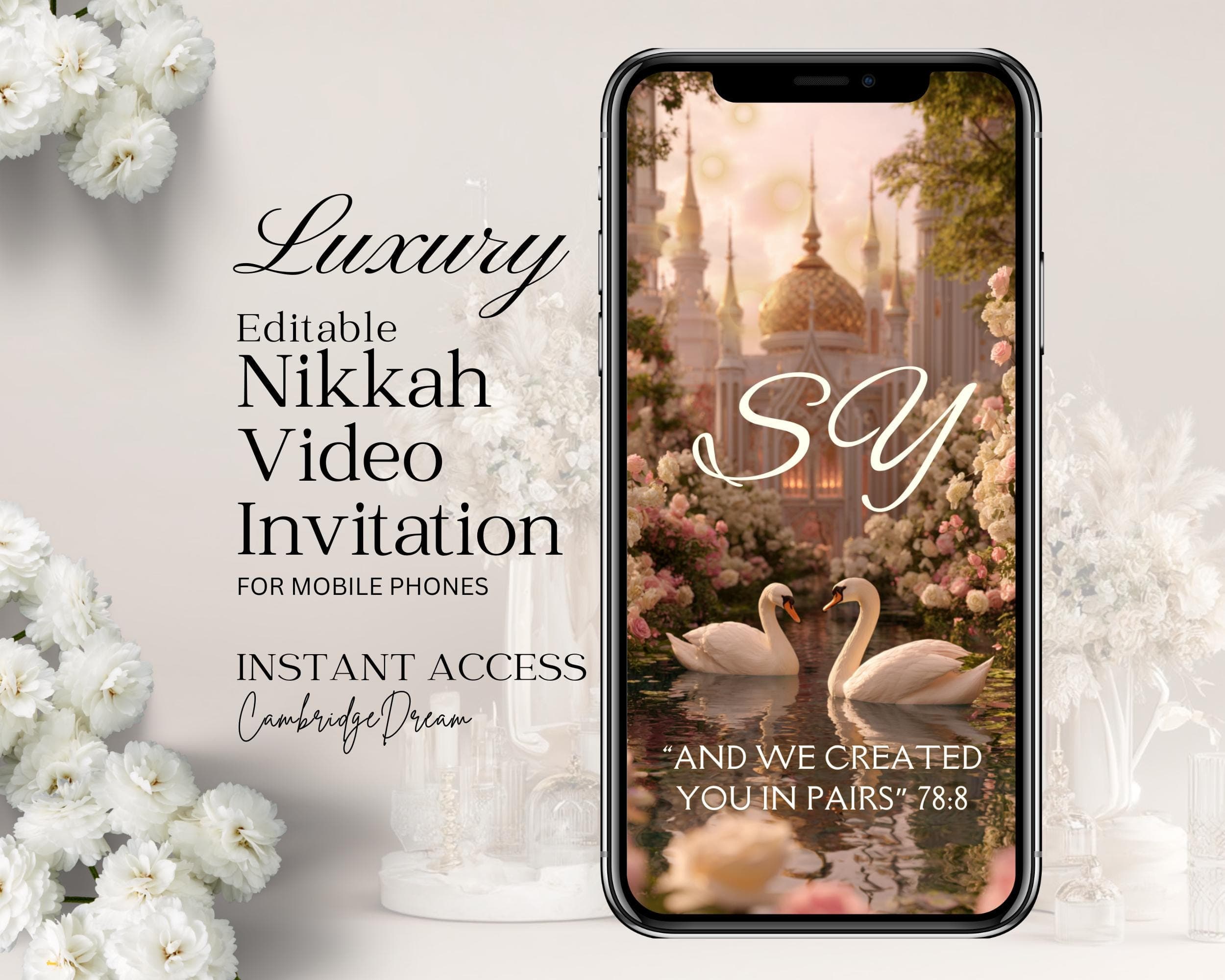 Swans Editable Nikkah Invitation Video | Canva Islamic Wedding Mobile Template – Golden Hour Colours