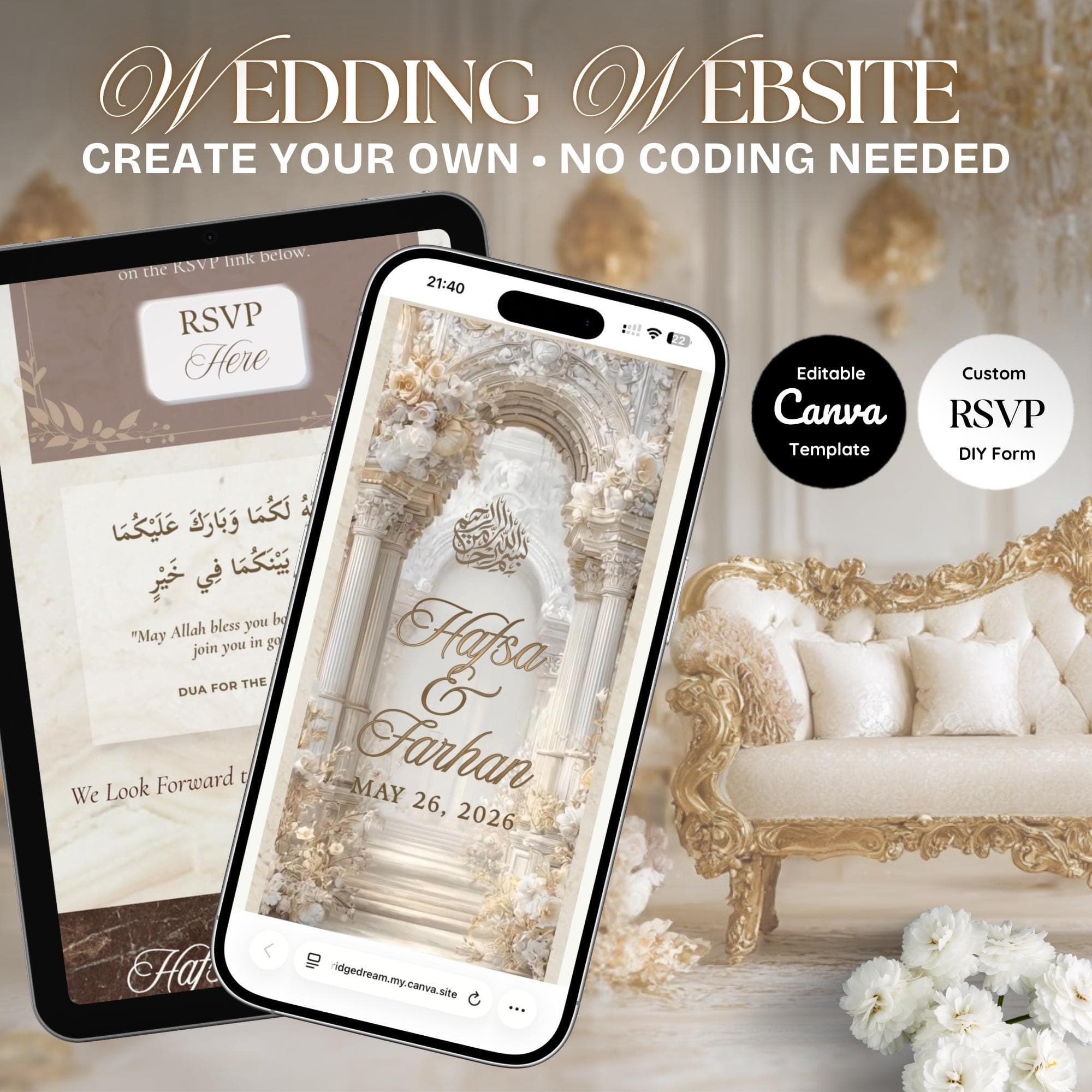 Muslim Wedding Website Template, Editable Canva RSVP, Nikkah Digital Invite