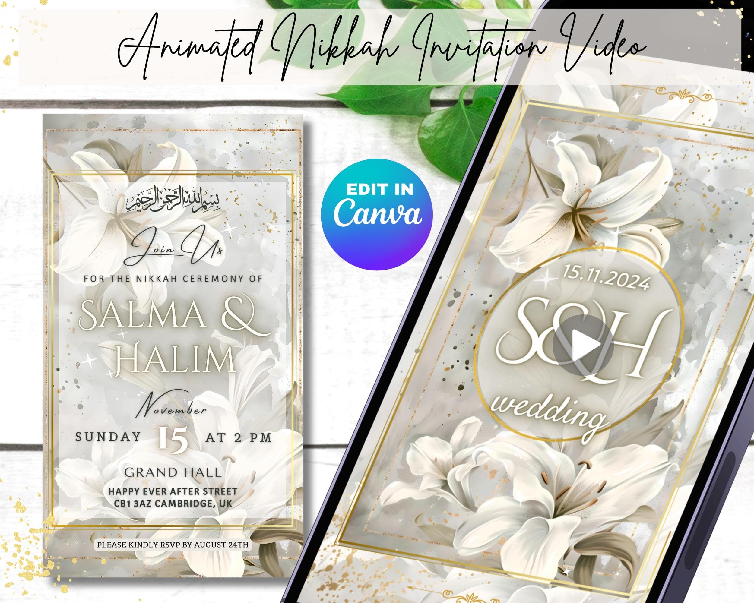 Animated Nikkah Invitation: Editable Islamic Wedding Template (Digital)