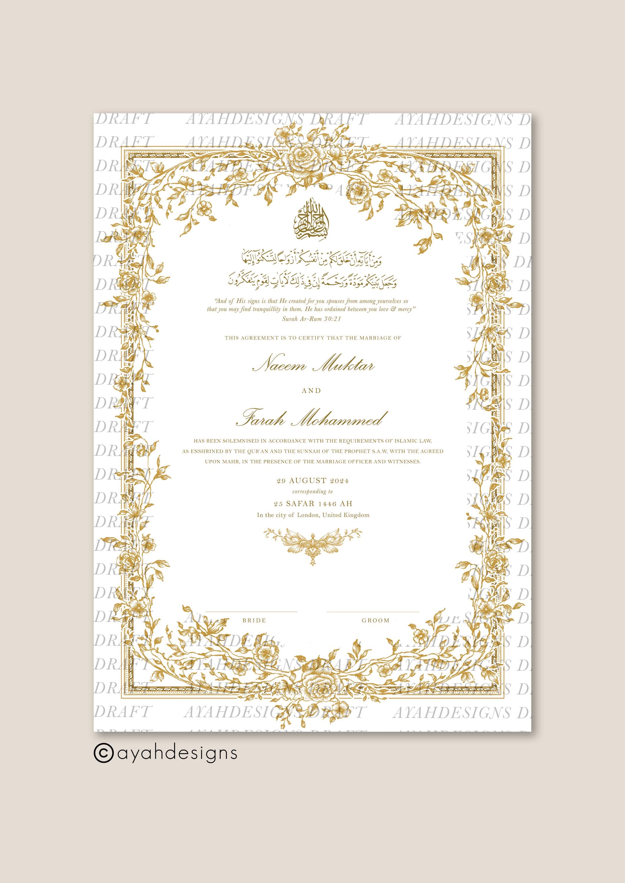Luxury A3 Nikkah Certificate (Mahek Gold), Islamic Wedding Contract, Nikkah Nama, Muslim Marriage Certificate, Personalised Names, Gold