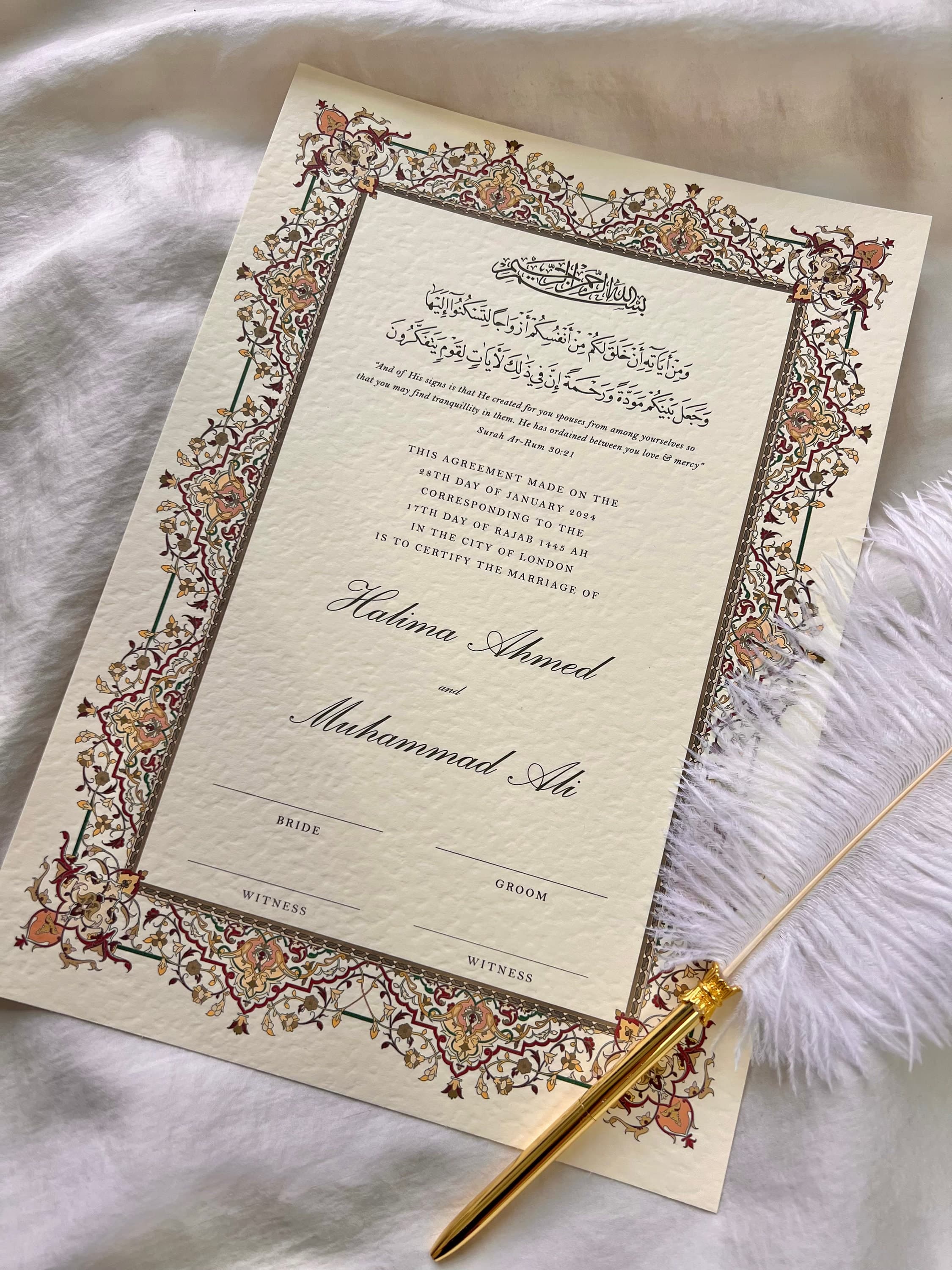 Luxury Nikkah Certificate, Nikah Contract Gold, Islamic Marriage Certificate, Feather Pen, Nikkah Nama, Wedding Certificate, Nikkah Print A4