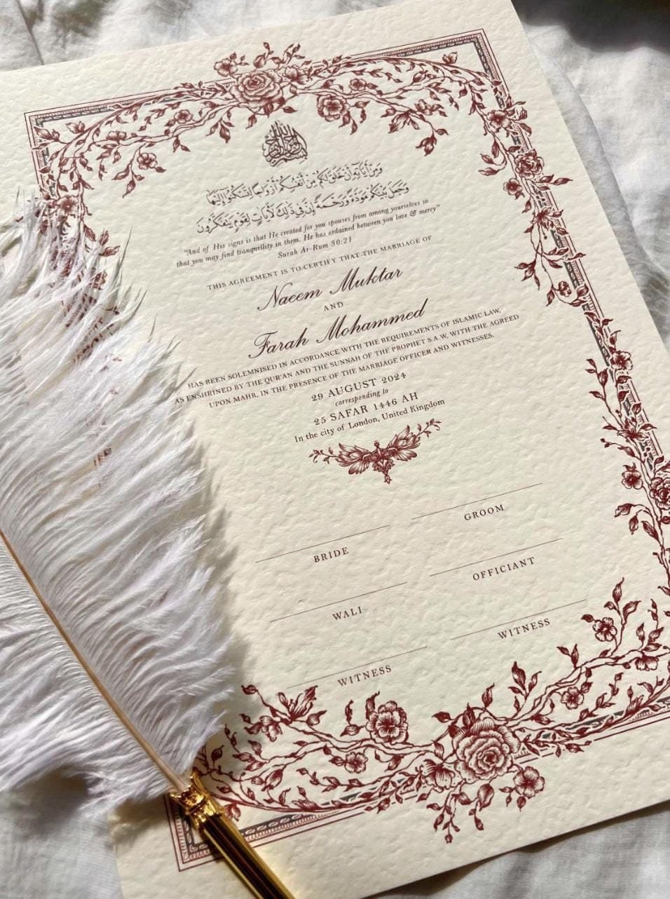 luxury nikkah certificate, nikkah contract, elegant A4 nikkah certificate with frame, custom nikkah, floral nikkah designs, wedding nikkah, personalised nikah, unique nikkah certificate, nikkah certificate with gold leaf, luxury nikah nama