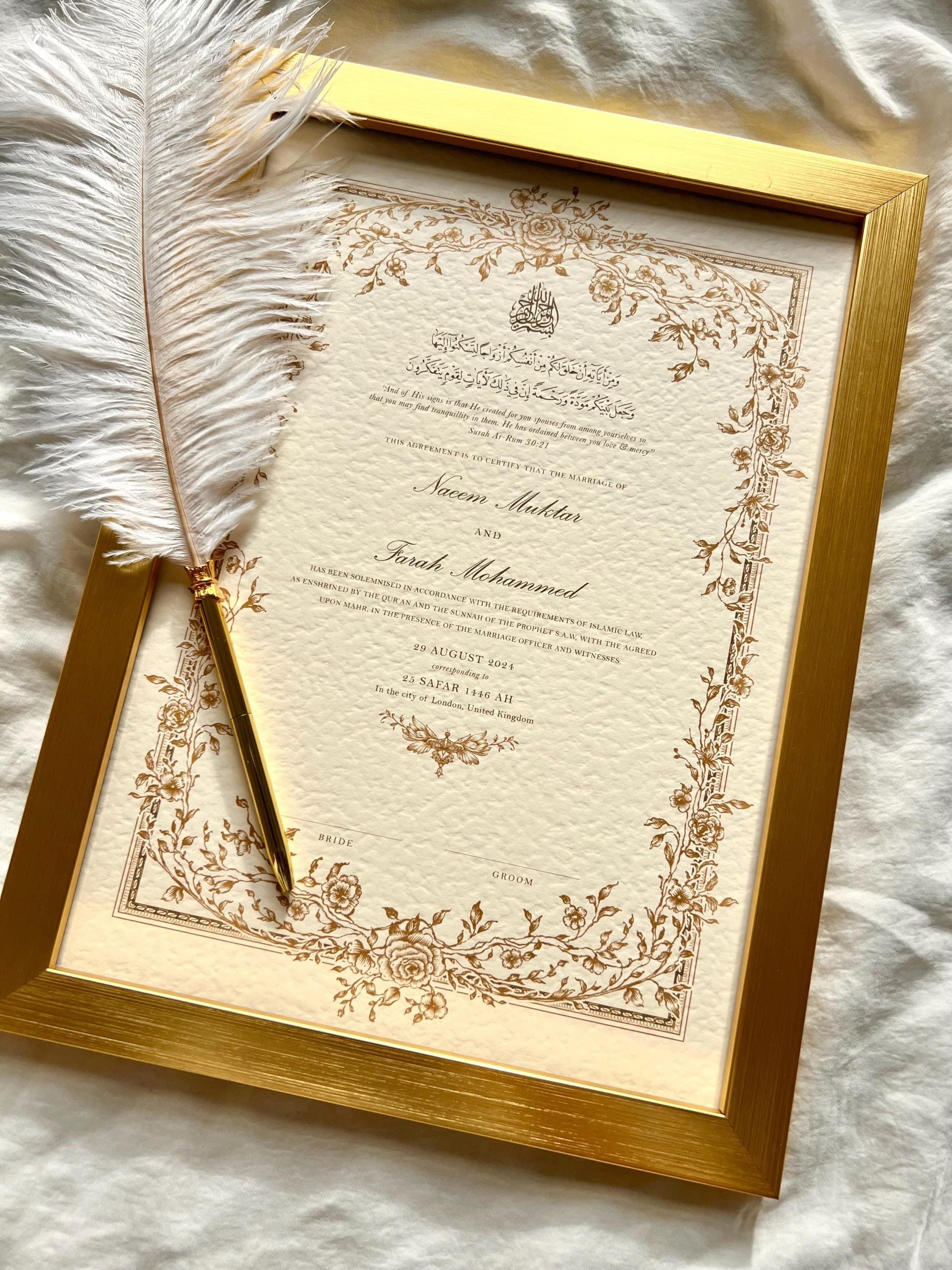Floral A3 Gold Nikkah Certificate: Personalised Islamic Wedding Contract