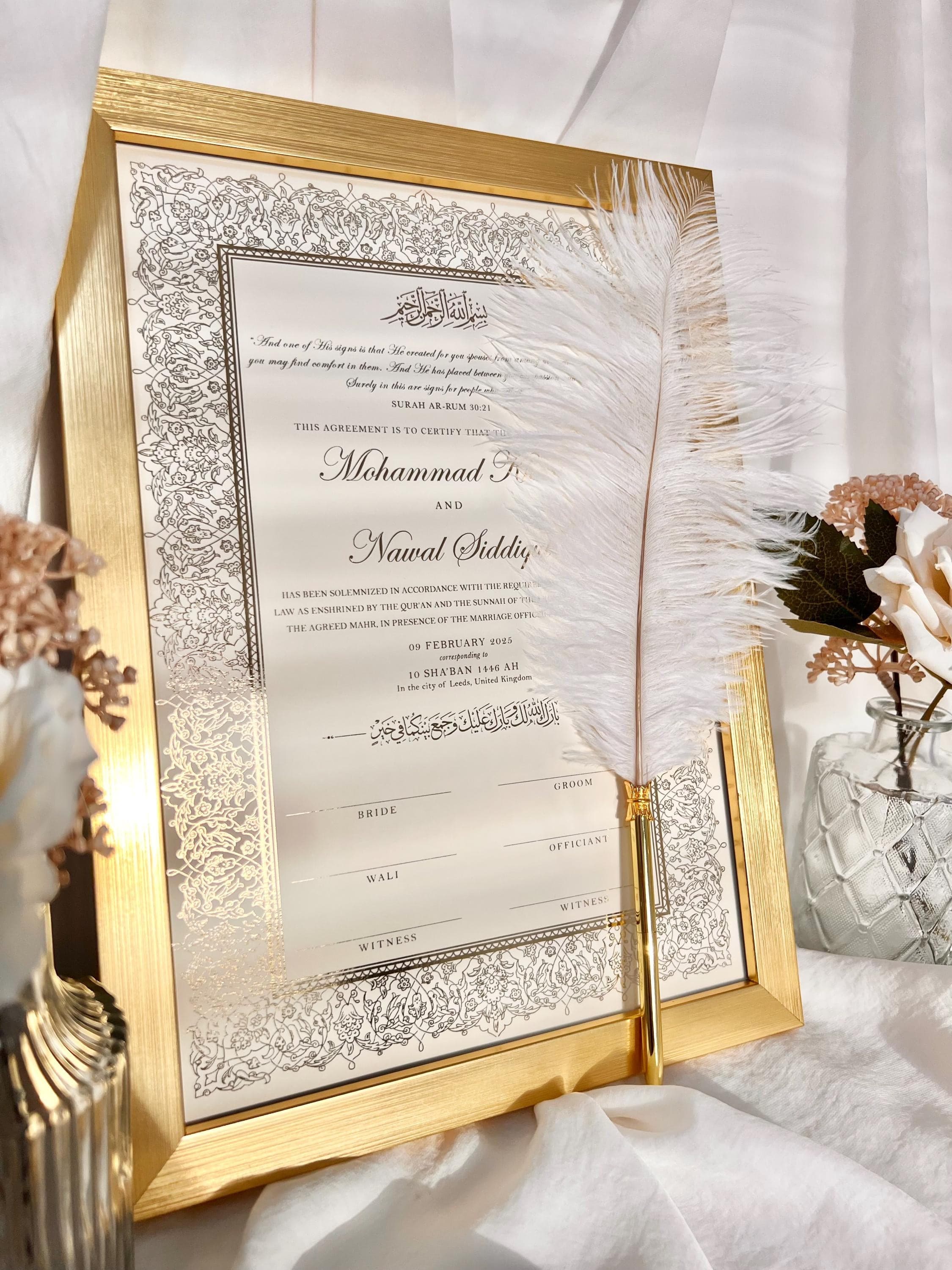 Luxury A4 Gold Nikkah Certificate: Islamic Wedding Contract with Feather Pen