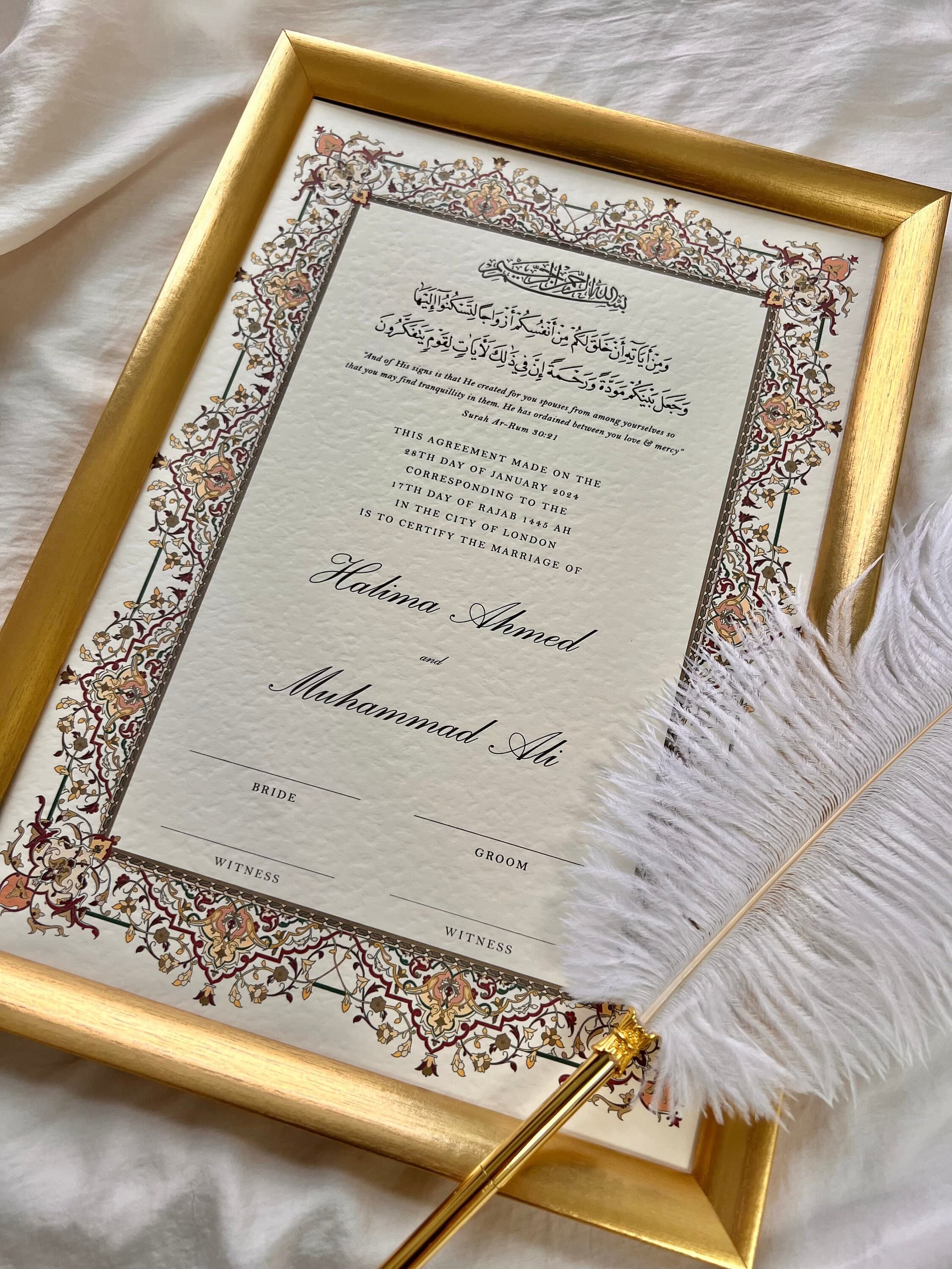 Luxury A3 Nikkah Certificate: Personalised Islamic Wedding Contract