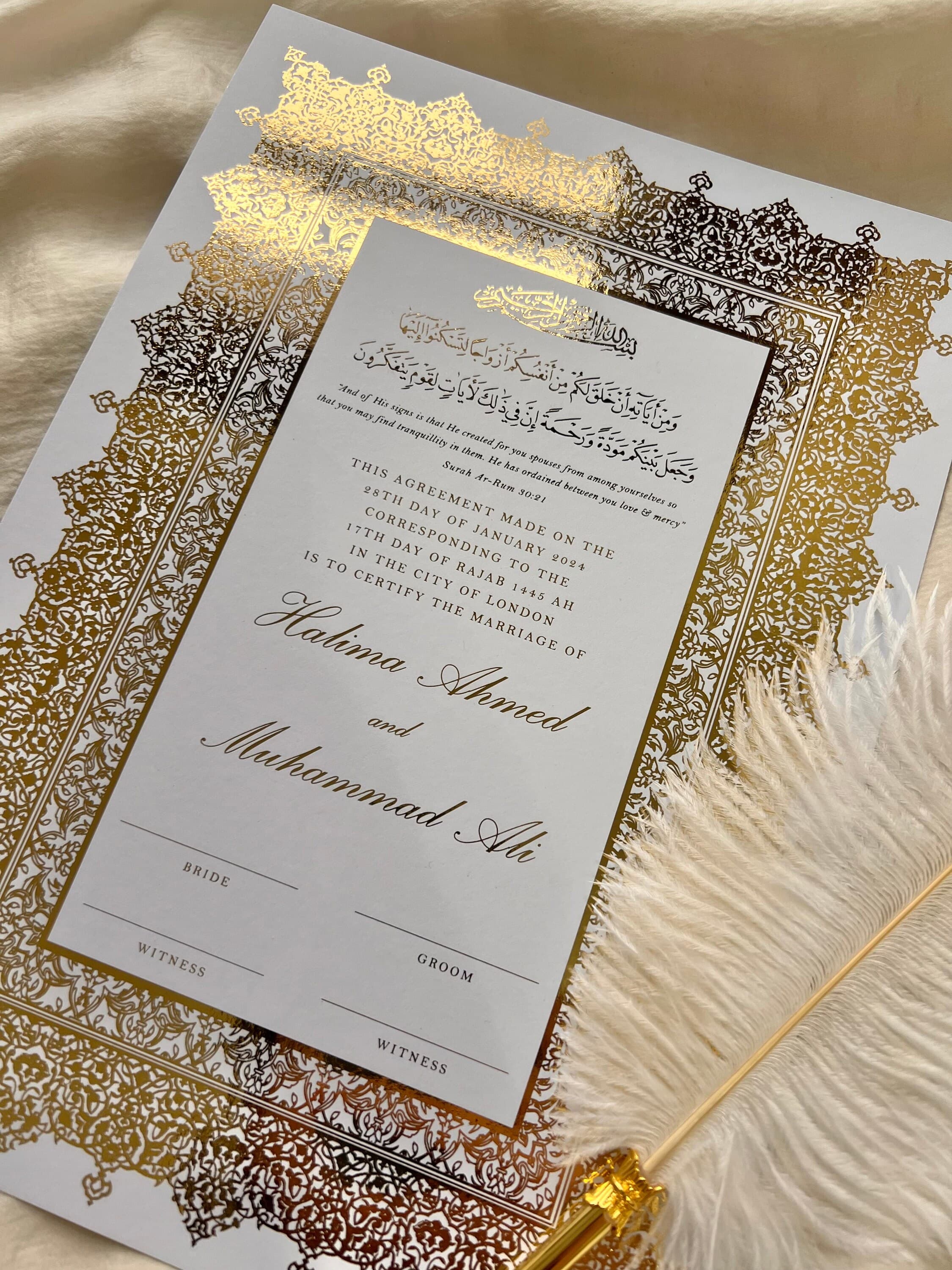 Luxury Nikkah Certificate, Premium A4 Islamic Wedding Contract, Nikkah Nama, Muslim Marriage Certificate, Personalised Names, Quran Verse