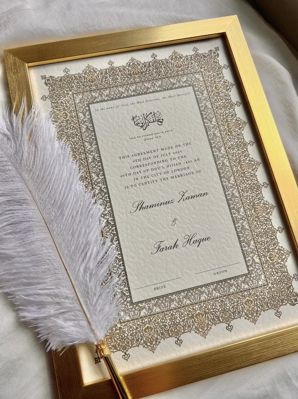 Luxury A4/A3 Nikkah Certificate: Personalised Islamic Wedding Contract