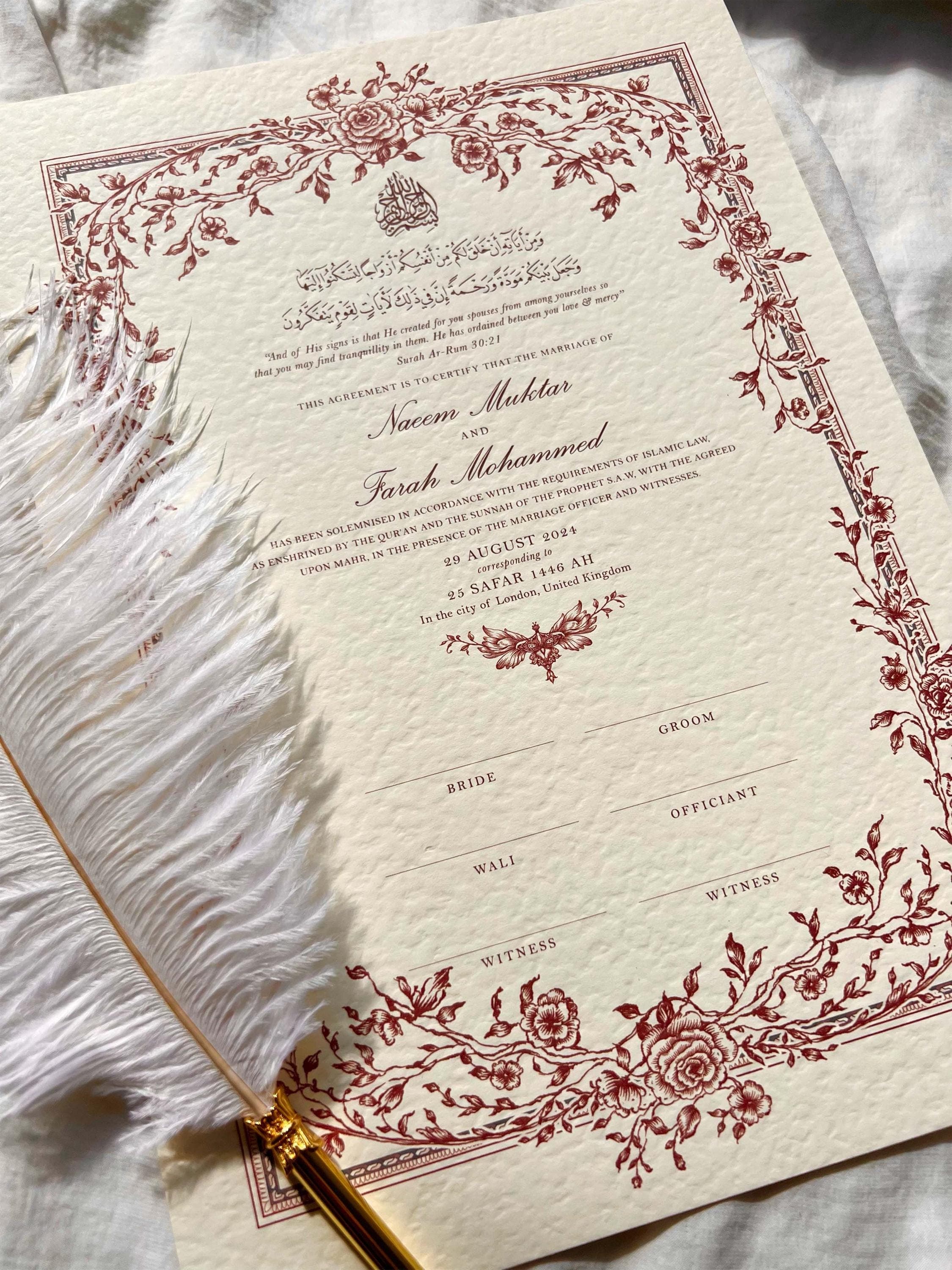 luxury nikkah certificate, nikkah contract, elegant A4 nikkah certificate with frame, custom nikkah, floral nikkah designs, wedding nikkah, personalised nikah, unique nikkah certificate, nikkah certificate with gold leaf, luxury nikah nama