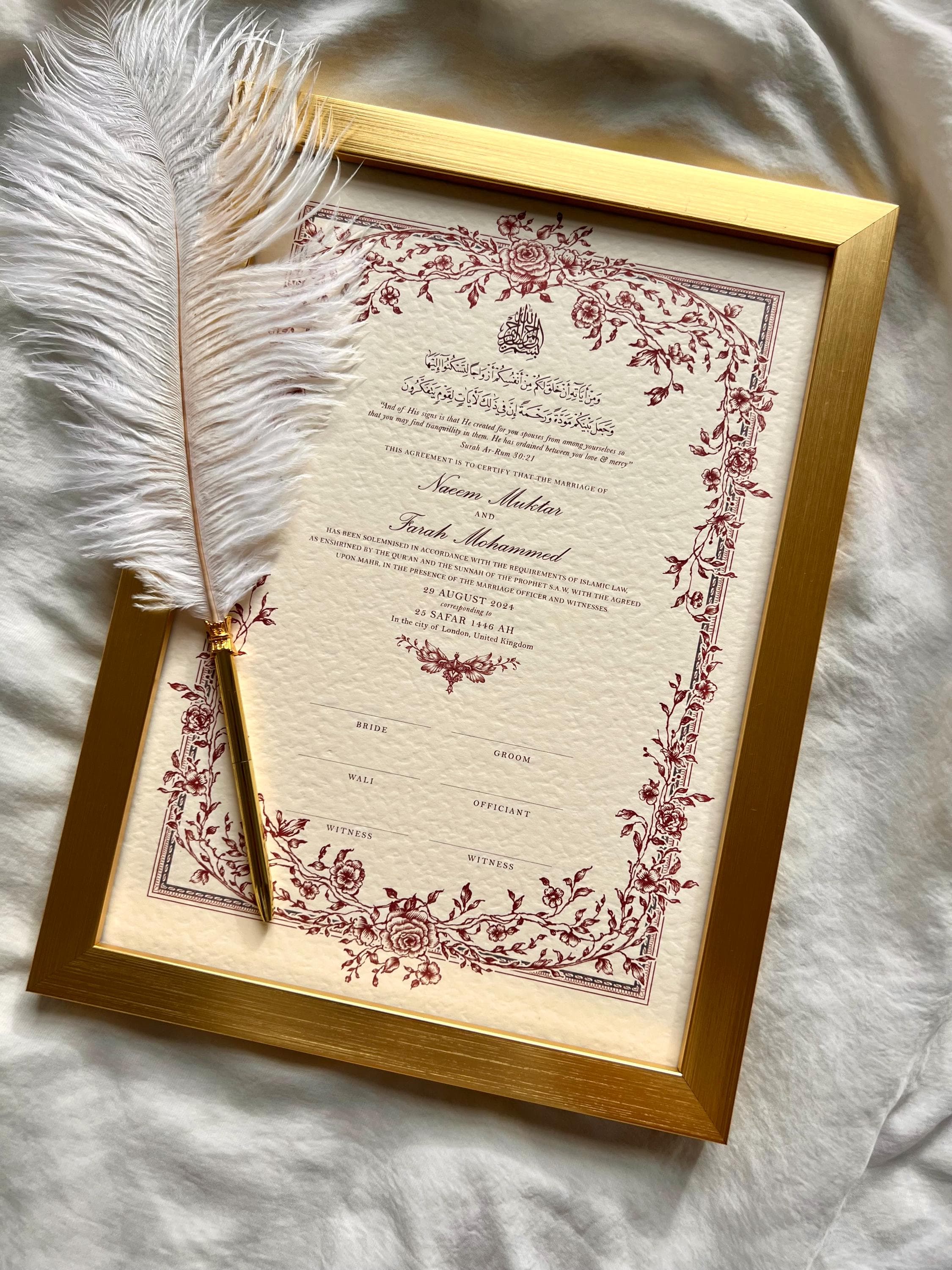 Floral Nikkah Certificate: Personalised Islamic Wedding Contract (A4/A3)