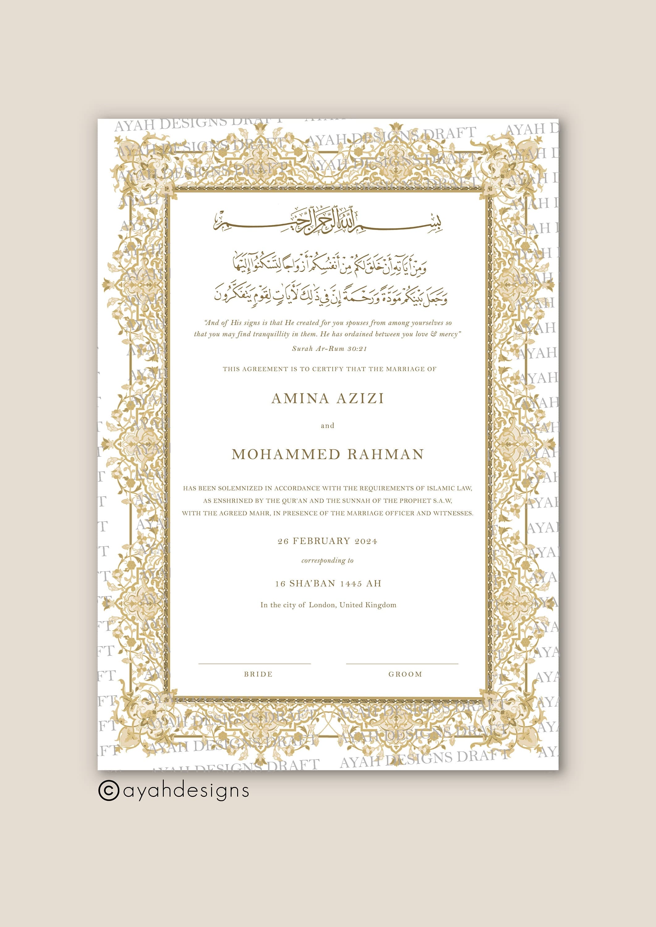 Nikkah Certificate Islamic, Nikah Nama, Muslim Mariage Wedding Contract, Islamic Marriage Certificate, Personalised Gift for Couple, A4 Gold