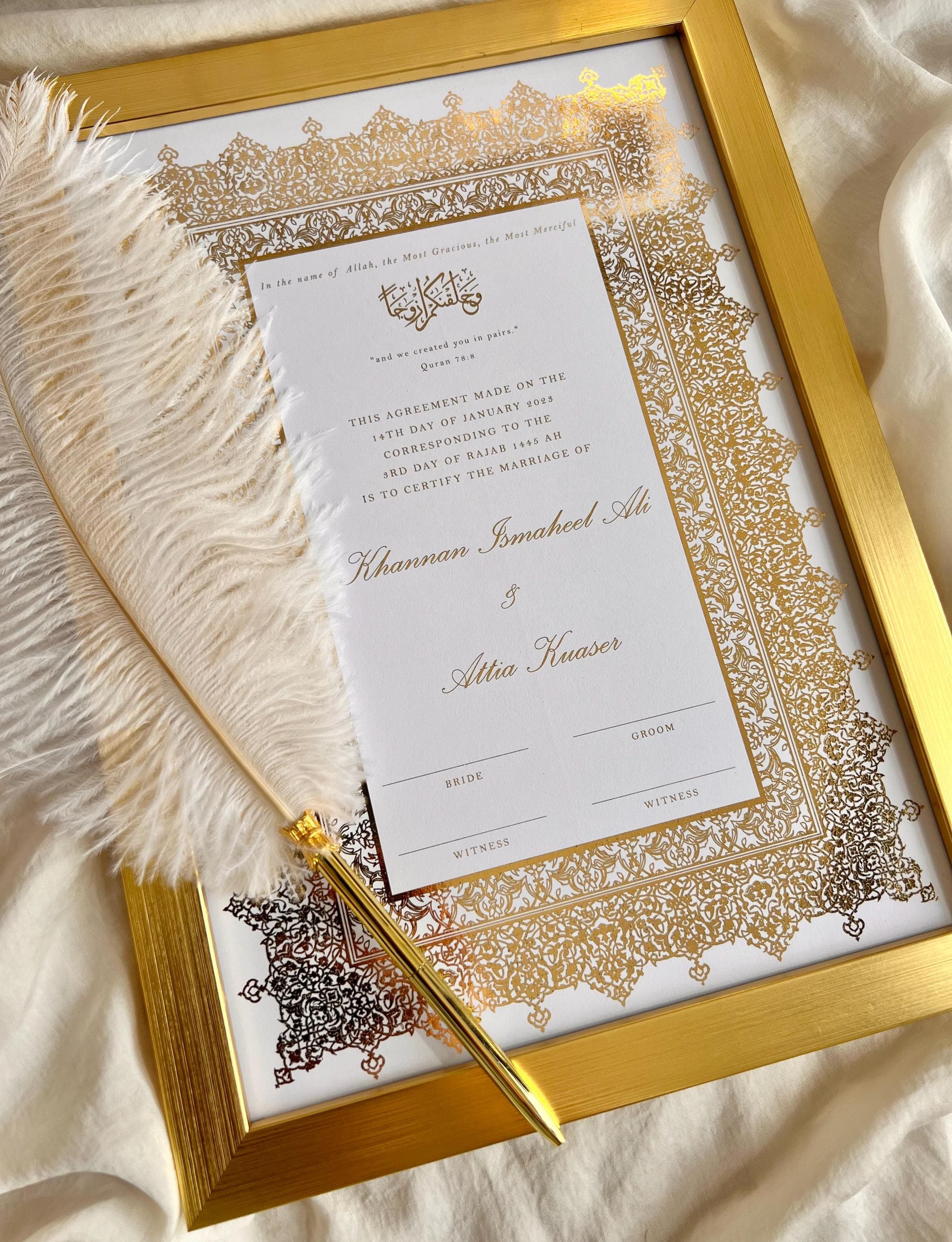 Personalised A4/A3 Gold Foil Nikkah Certificate: Islamic Wedding Contract, Islamic Contract, Nikkah Nama, Muslim Marriage Certificate