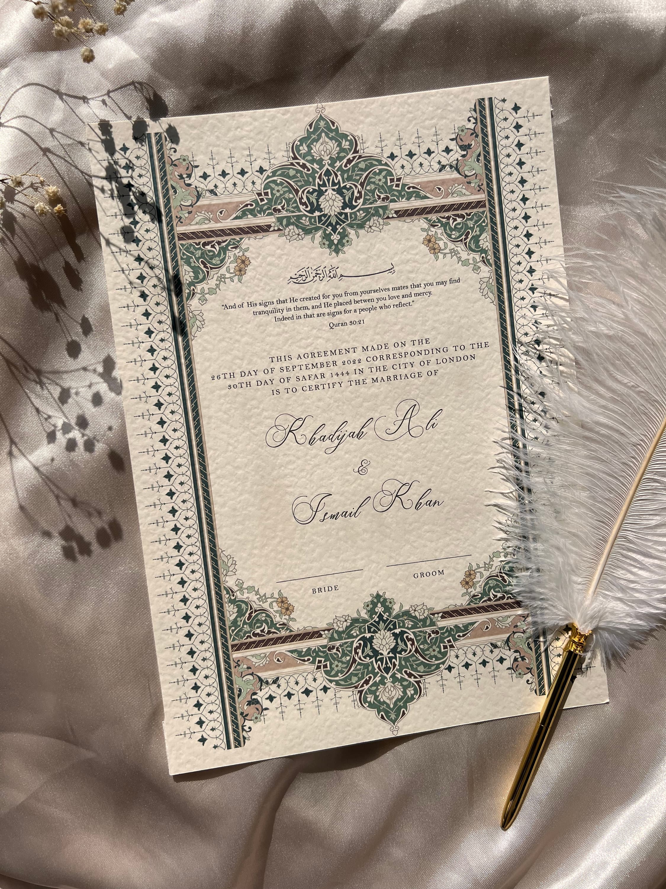 Luxury A4/A3 Teal Nikkah Certificate: Personalised Islamic Wedding Contract