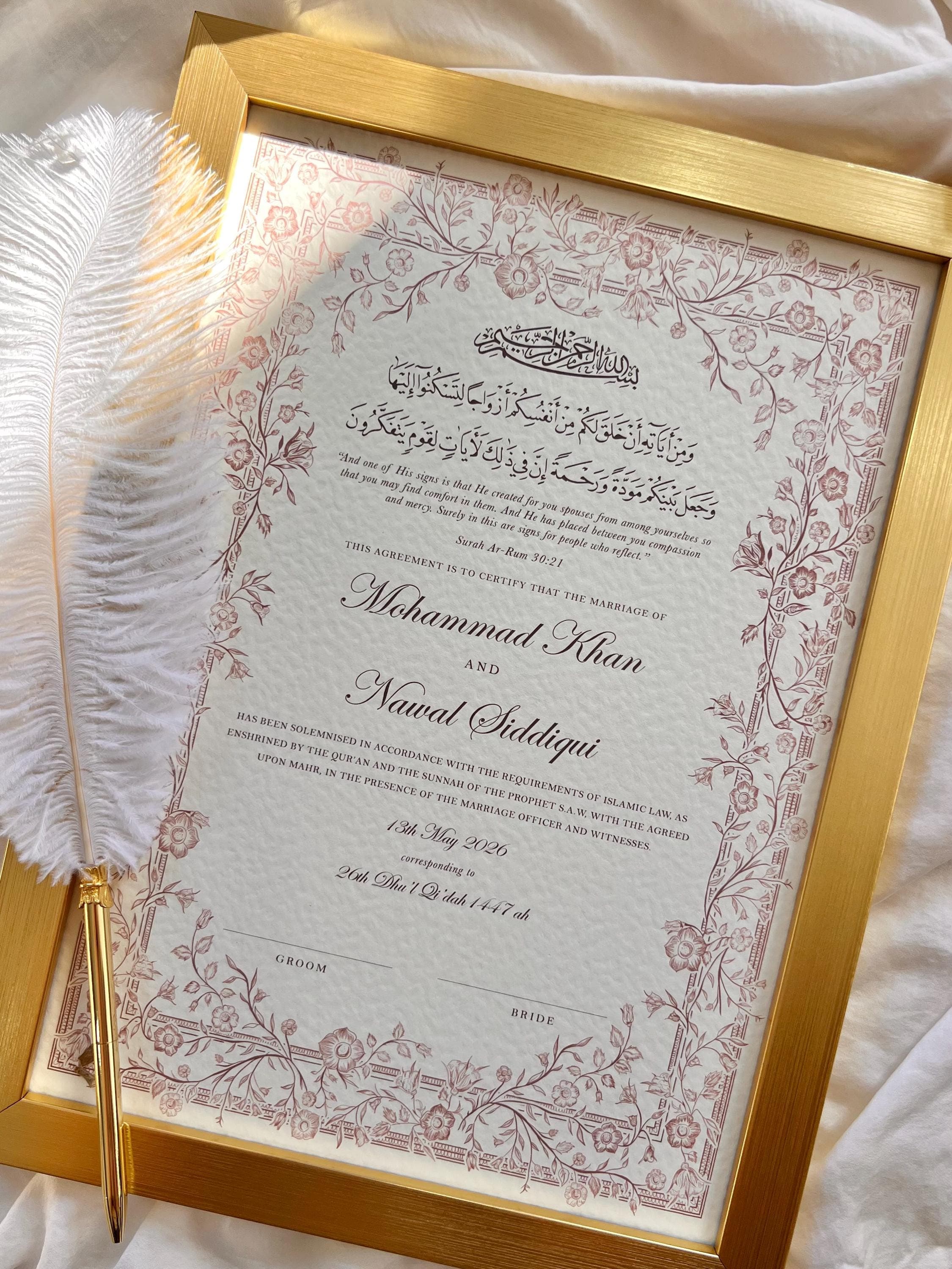 Floral Nikkah Certificate, Gold A4/A3 Islamic Wedding Contract, Nikkah Nama, Muslim Marriage Certificate, Personalised Names, Quran Verse