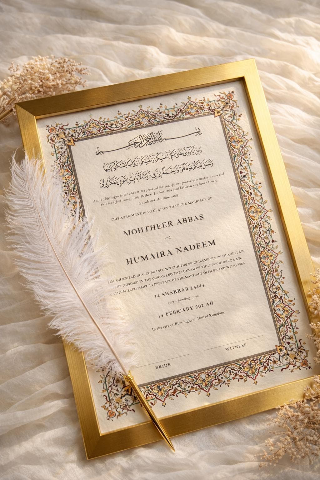 Luxury Nikkah Certificate: Gold Frame, Feather Pen, Islamic Wedding Contract (A4) - image 4