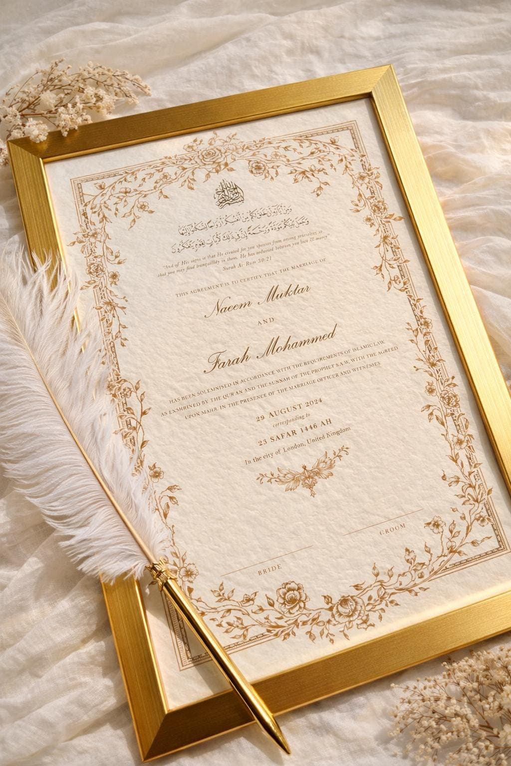 Gold A4 Floral Nikkah Certificate: Personalised Islamic Wedding Contract - image 5