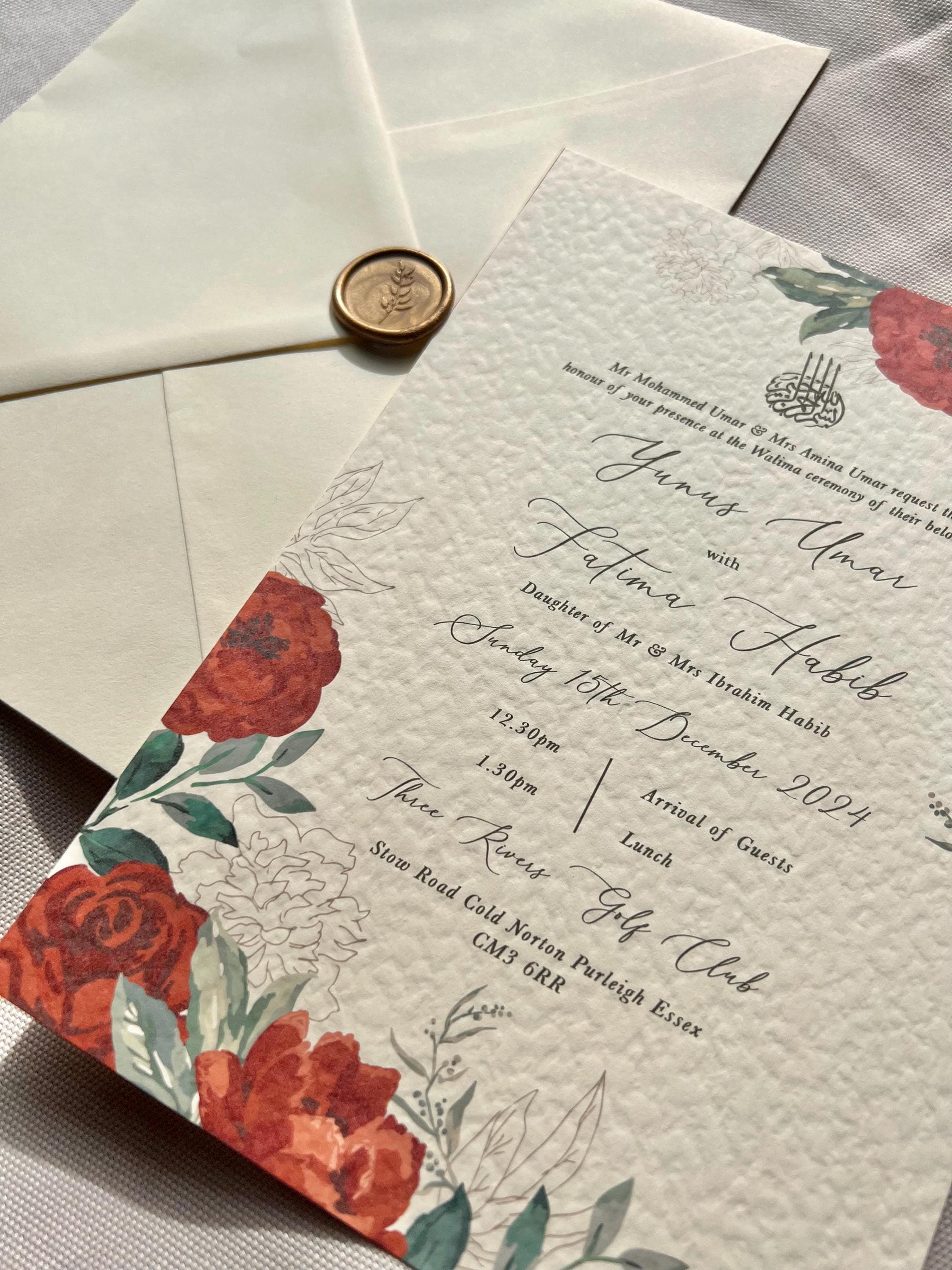 gold invite, gold calligraphy Islamic wedding invitation, floral Nikah invitation design, floral wedding invitation, personalised wedding invite, personalised wedding invitation, custom wedding, custom invitation, Walima invitation cards