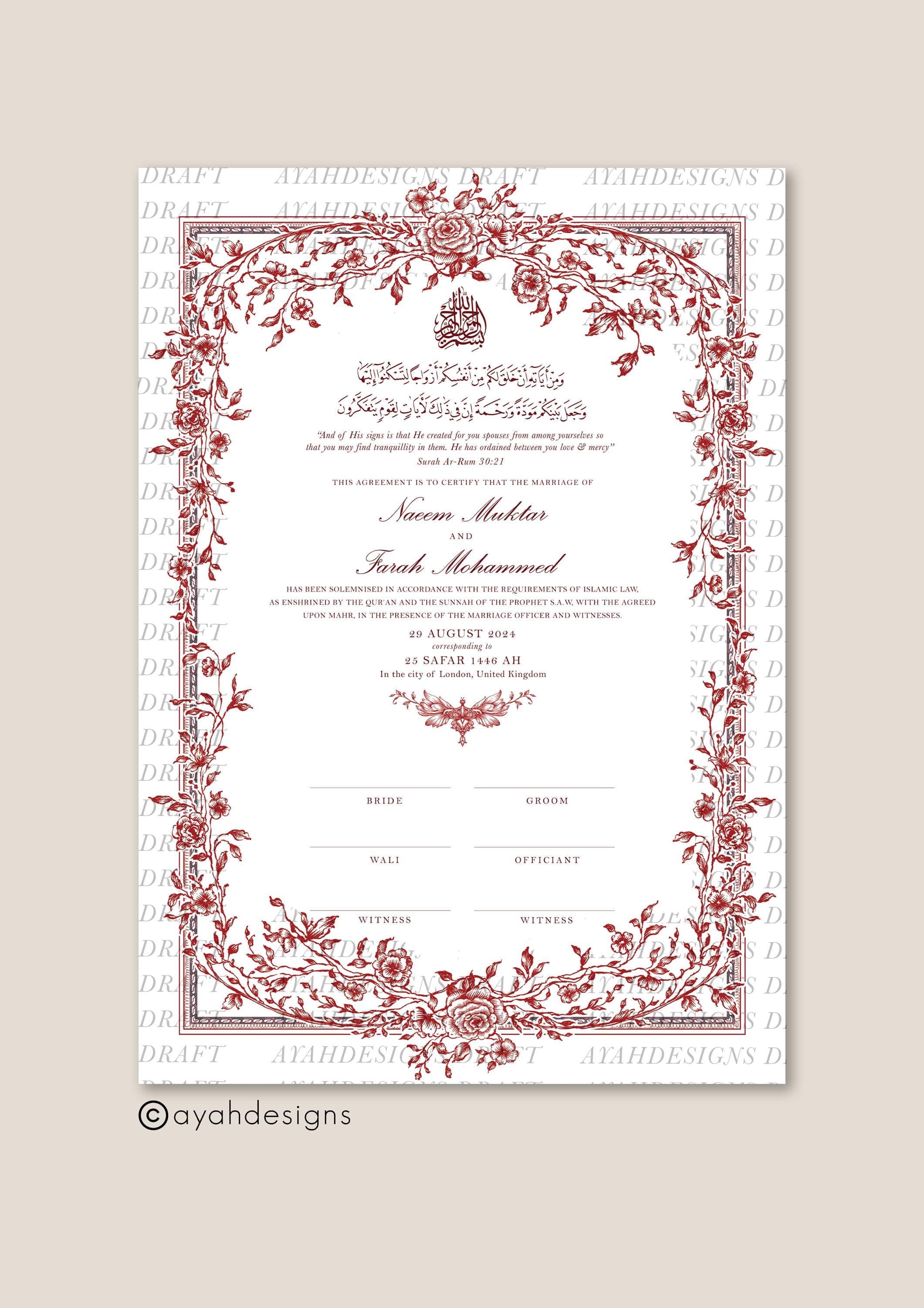 A4/A3 Luxury Nikkah Certificate (Mahek Maroon), Islamic Wedding Contract, Nikkah Nama, Muslim Marriage Certificate, Personalised Names