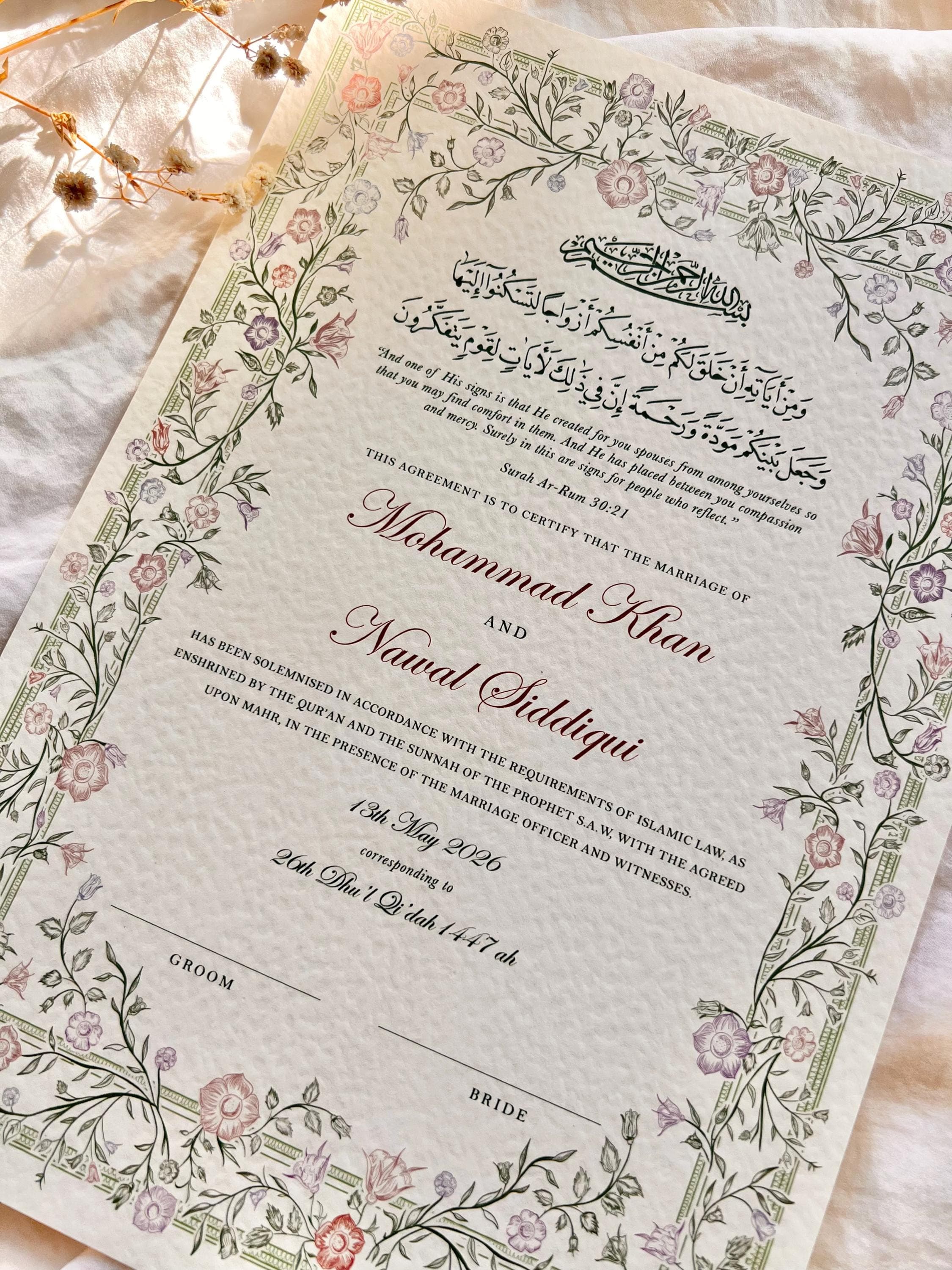 Floral Nikkah Certificate, Pastel A4/A3 Islamic Wedding Contract, Nikkah Nama, Muslim Marriage Certificate, Personalised Names, Quran Verse