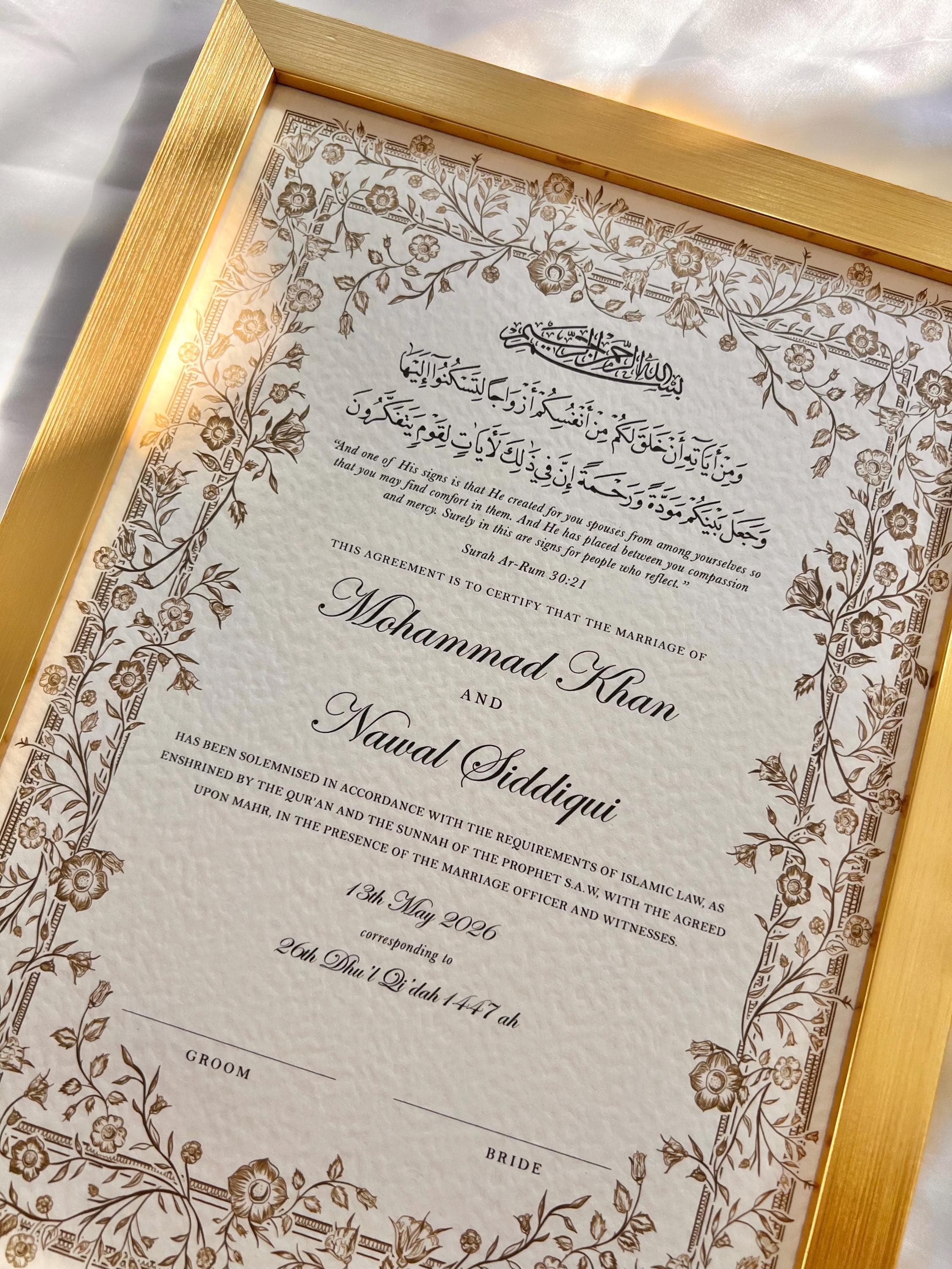 Floral Nikkah Certificate, Gold A4/A3 Islamic Wedding Contract, Nikkah Nama, Muslim Marriage Certificate, Personalised Names, Quran Verse