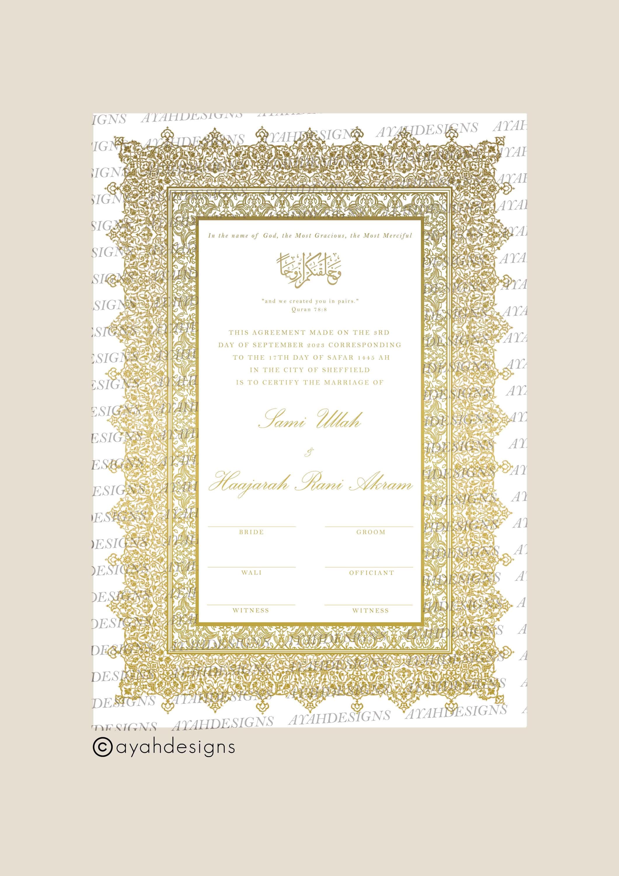 Luxury Nikkah Certificate, Nikah Contract Gold, Islamic Marriage Certificate, Feather Pen, Nikkah Nama, Wedding Certificate, Nikkah Print A4